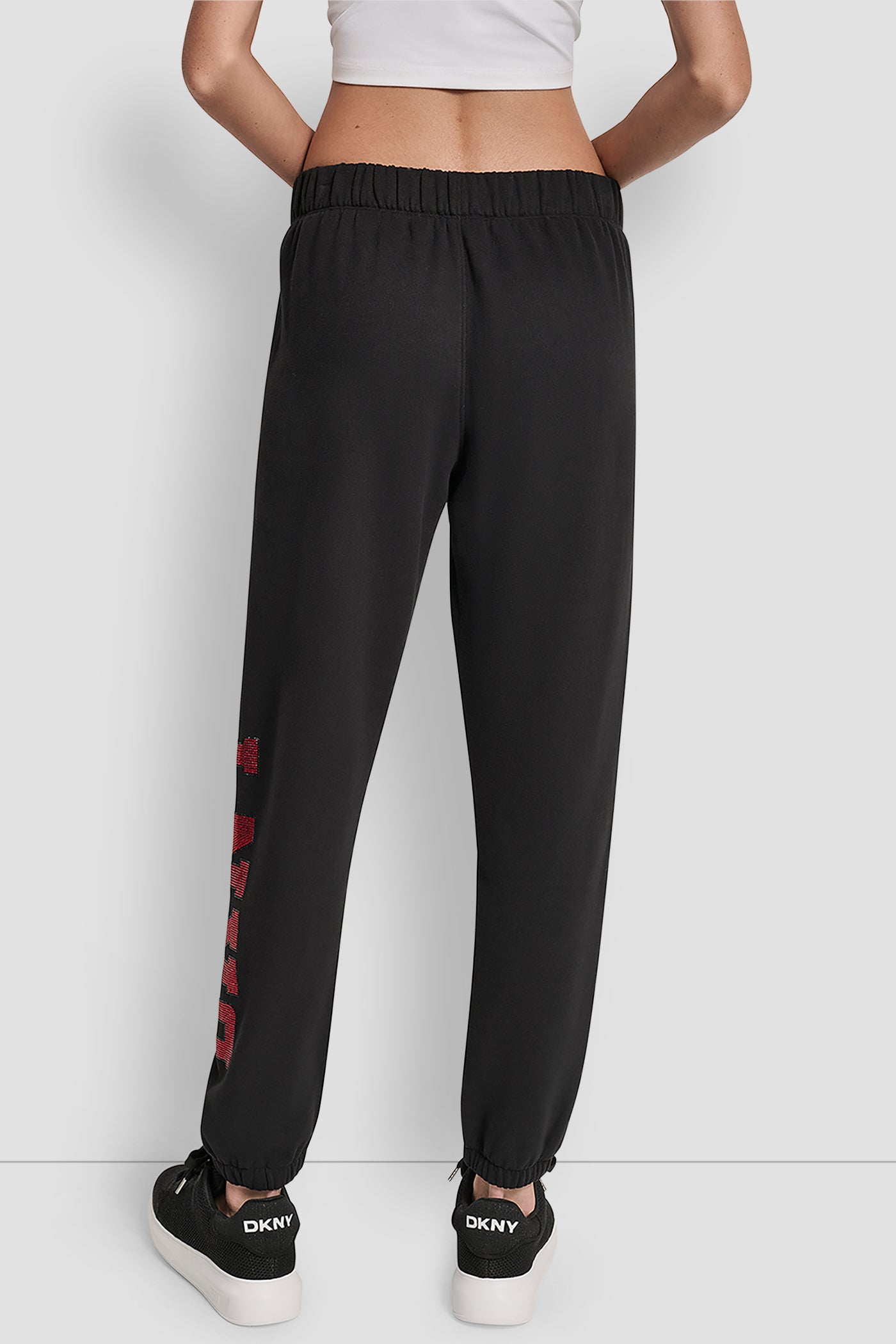 BLACK/CITY CRIMSON EXPLODED RHINESTONE VARISTY LOGO HIGH RISE RELAXED, BACK VIEW | DKNY Sport