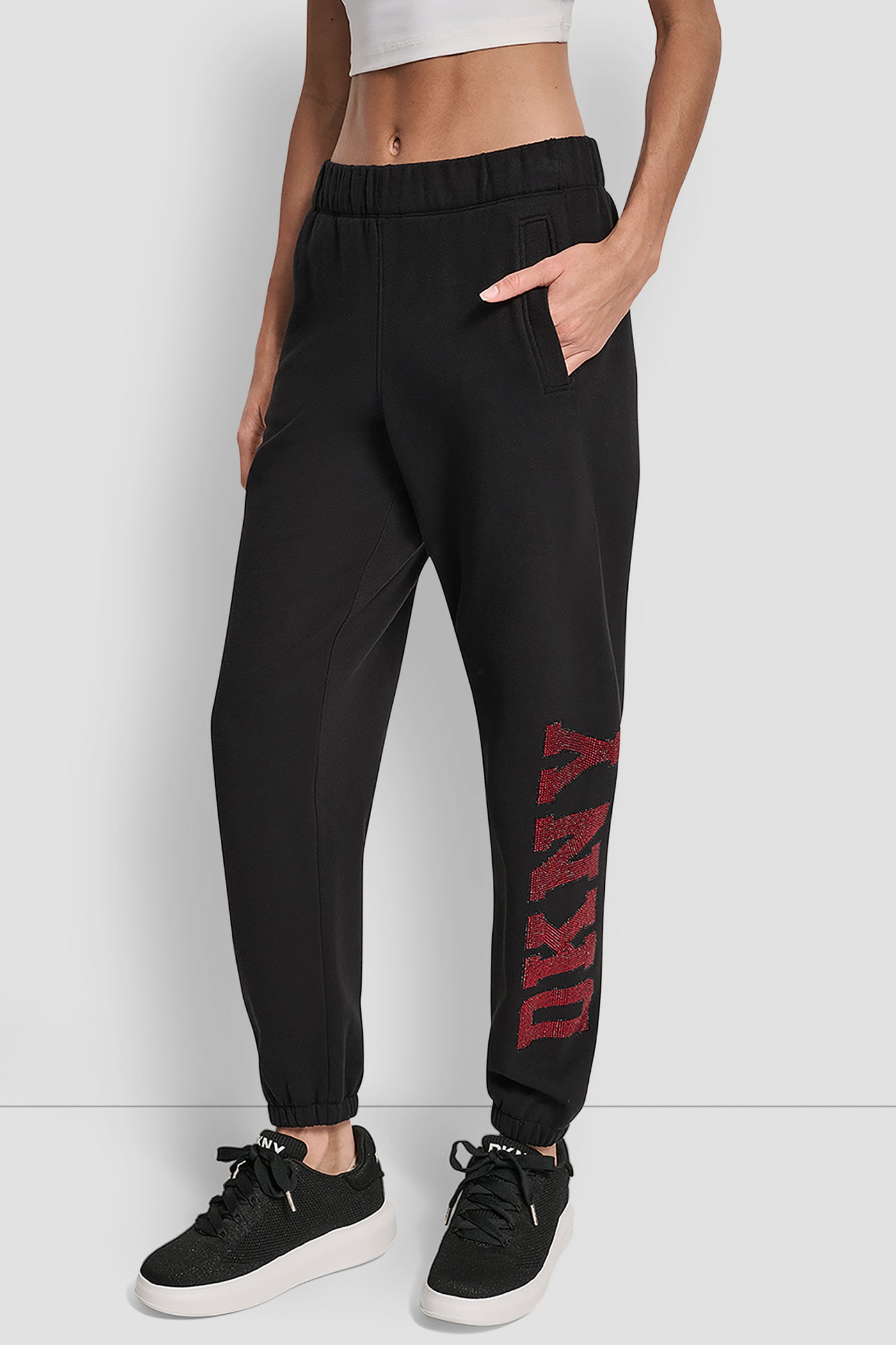BLACK/CITY CRIMSON EXPLODED RHINESTONE VARISTY LOGO HIGH RISE RELAXED, FRONT VIEW | DKNY Sport