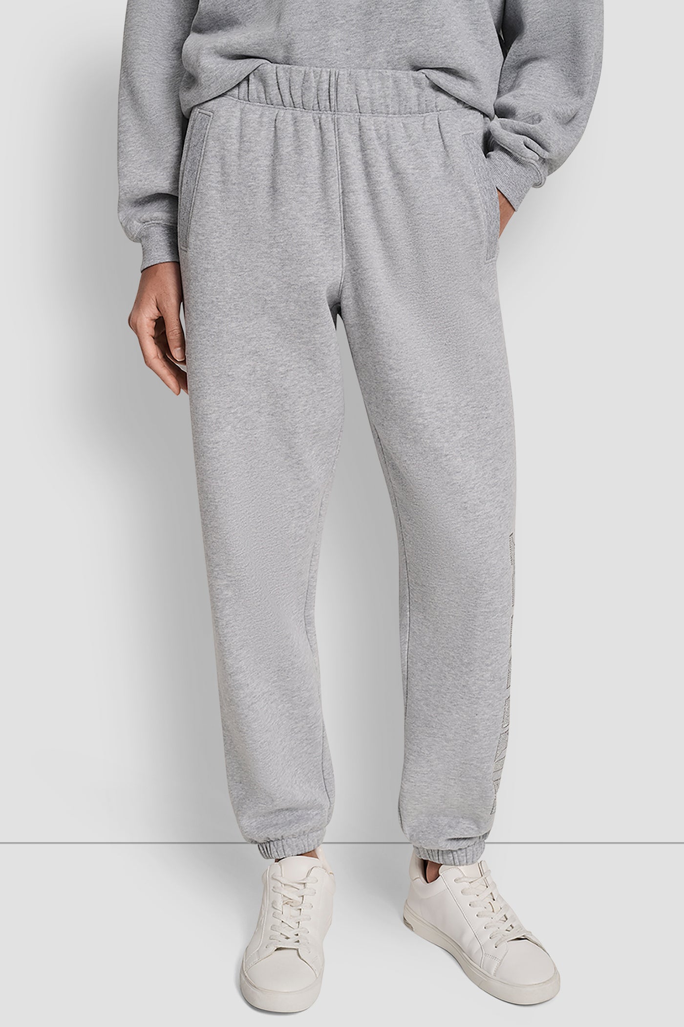 PEARL GREY HEATHER EXPLODED RHINESTONE VARISTY LOGO HIGH RISE RELAXED, FRONT VIEW | DKNY Sport