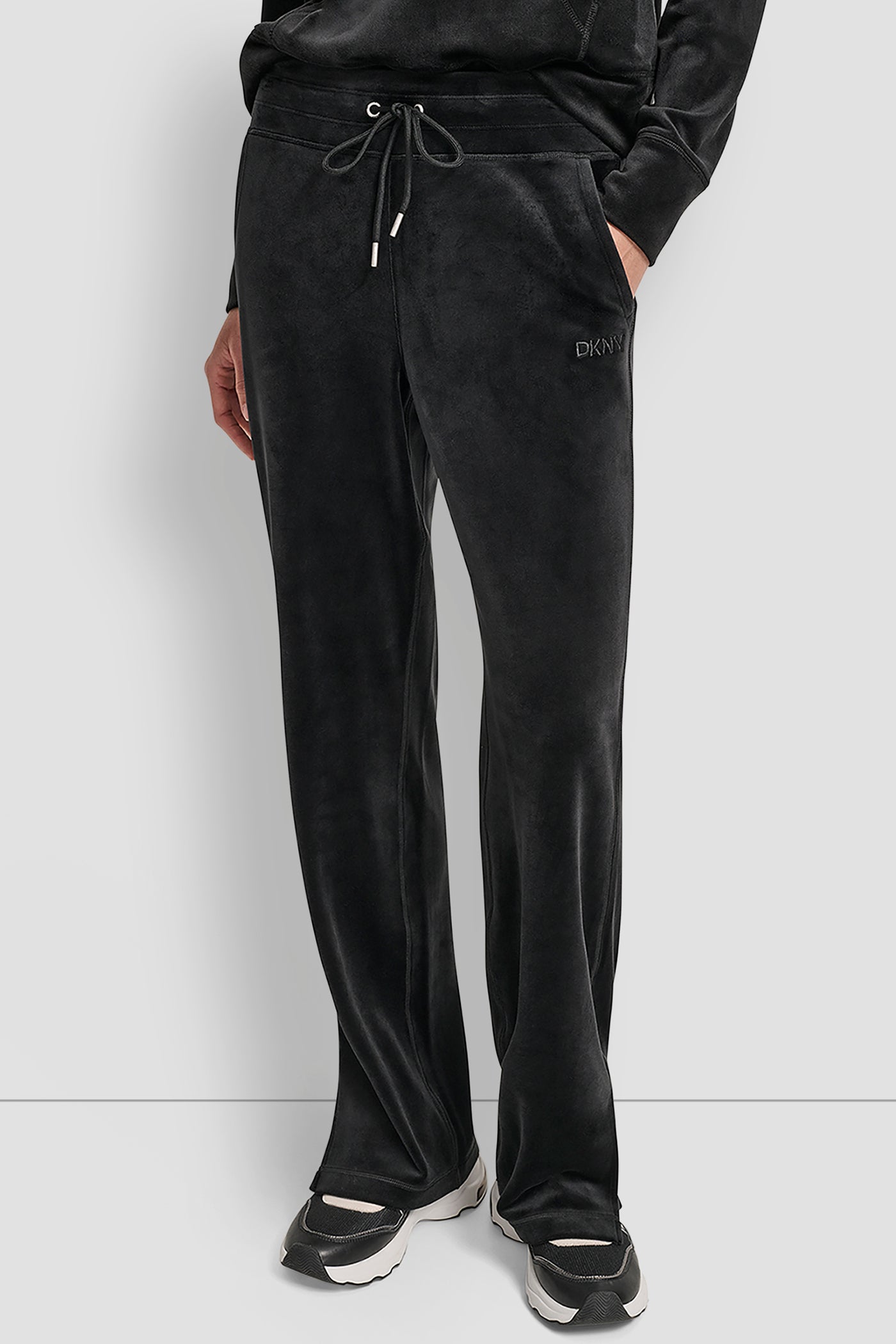 Black EMBROIDERY LOGO TRACK PANT WITH SLIT, FRONT VIEW | Sport Essentials