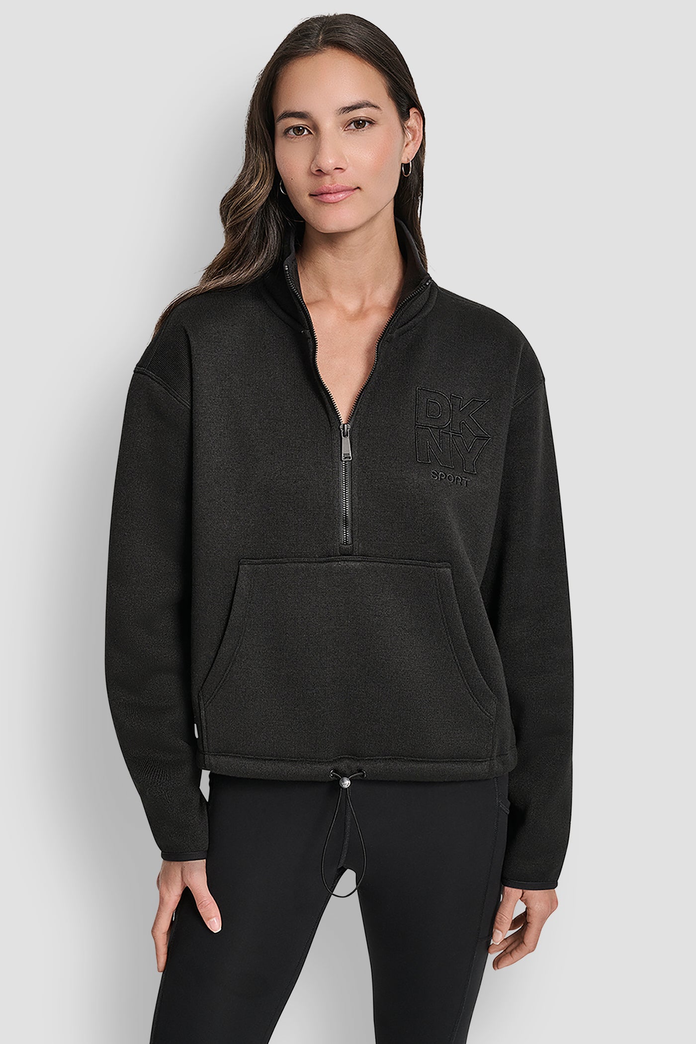Black HALF ZIP PULLOVER WITH OUTLINE LOGO EMBROIDERY, FRONT VIEW | DKNY Sport
