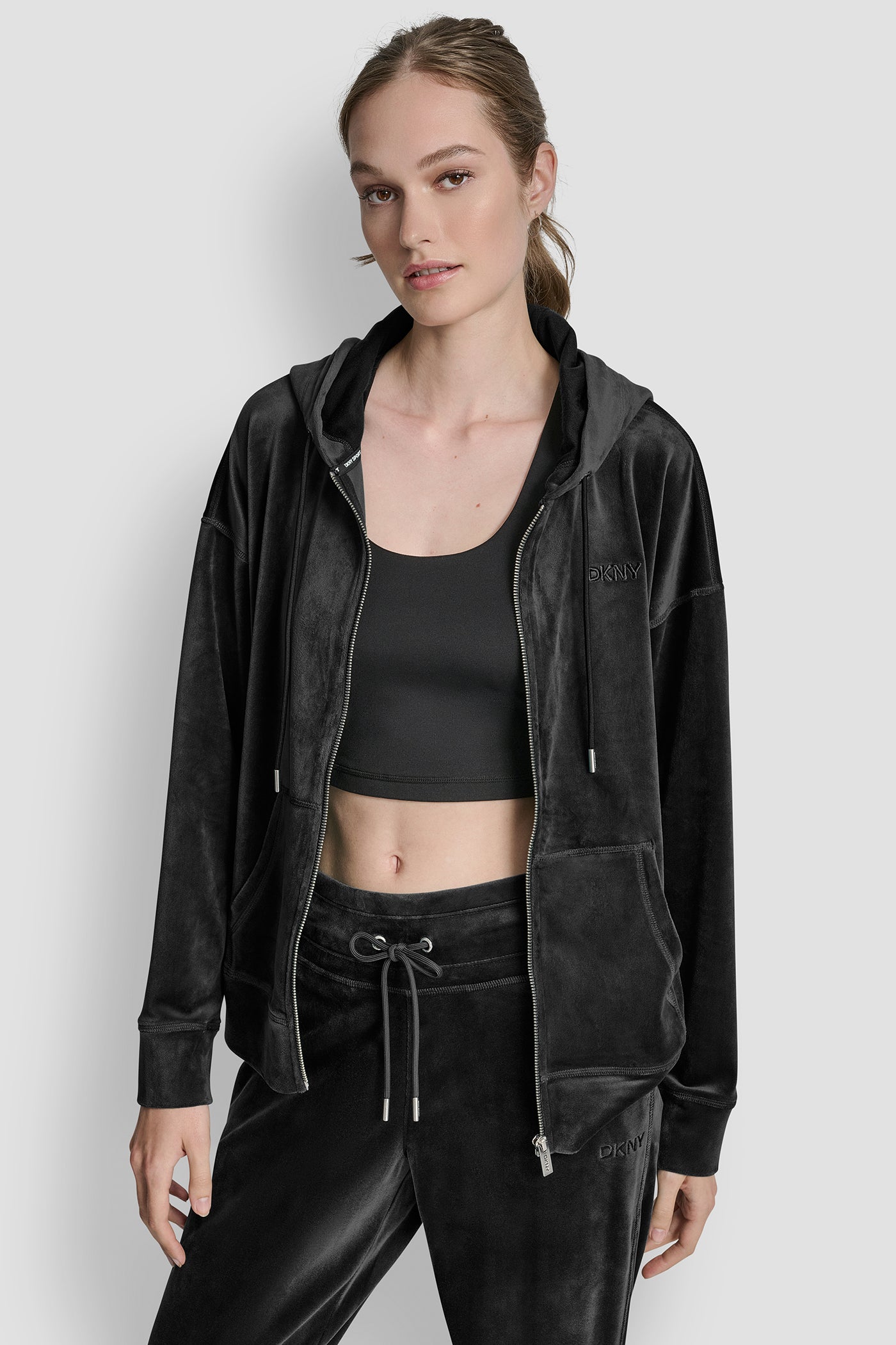 Black EMBROIDERY LOGO FULL ZIP HOODIE WITH POCKETS, FRONT VIEW | New Arrivals