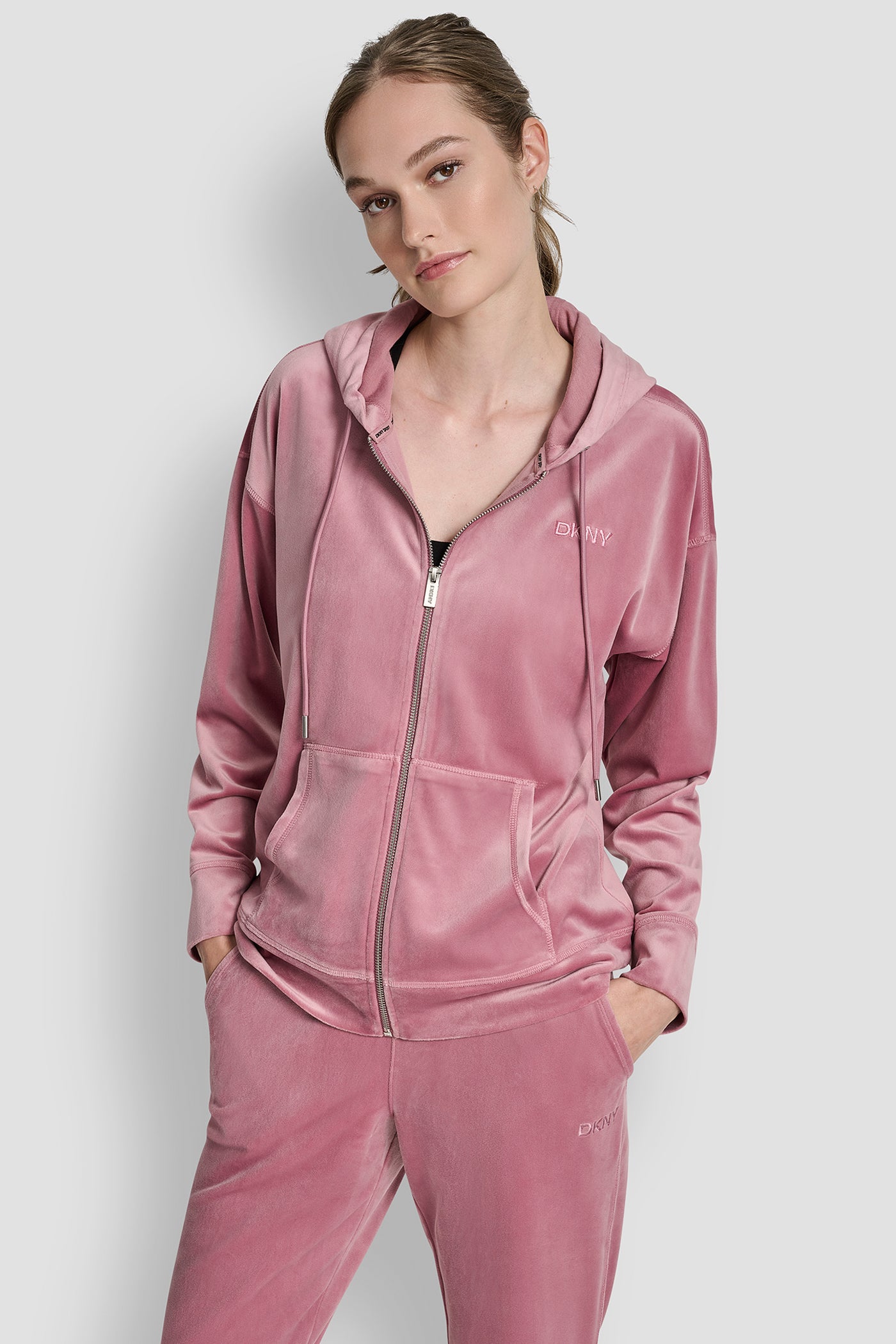 DUSTY MAUVE EMBROIDERY LOGO FULL ZIP HOODIE WITH POCKETS, VIEW 1 | DKNY Promo