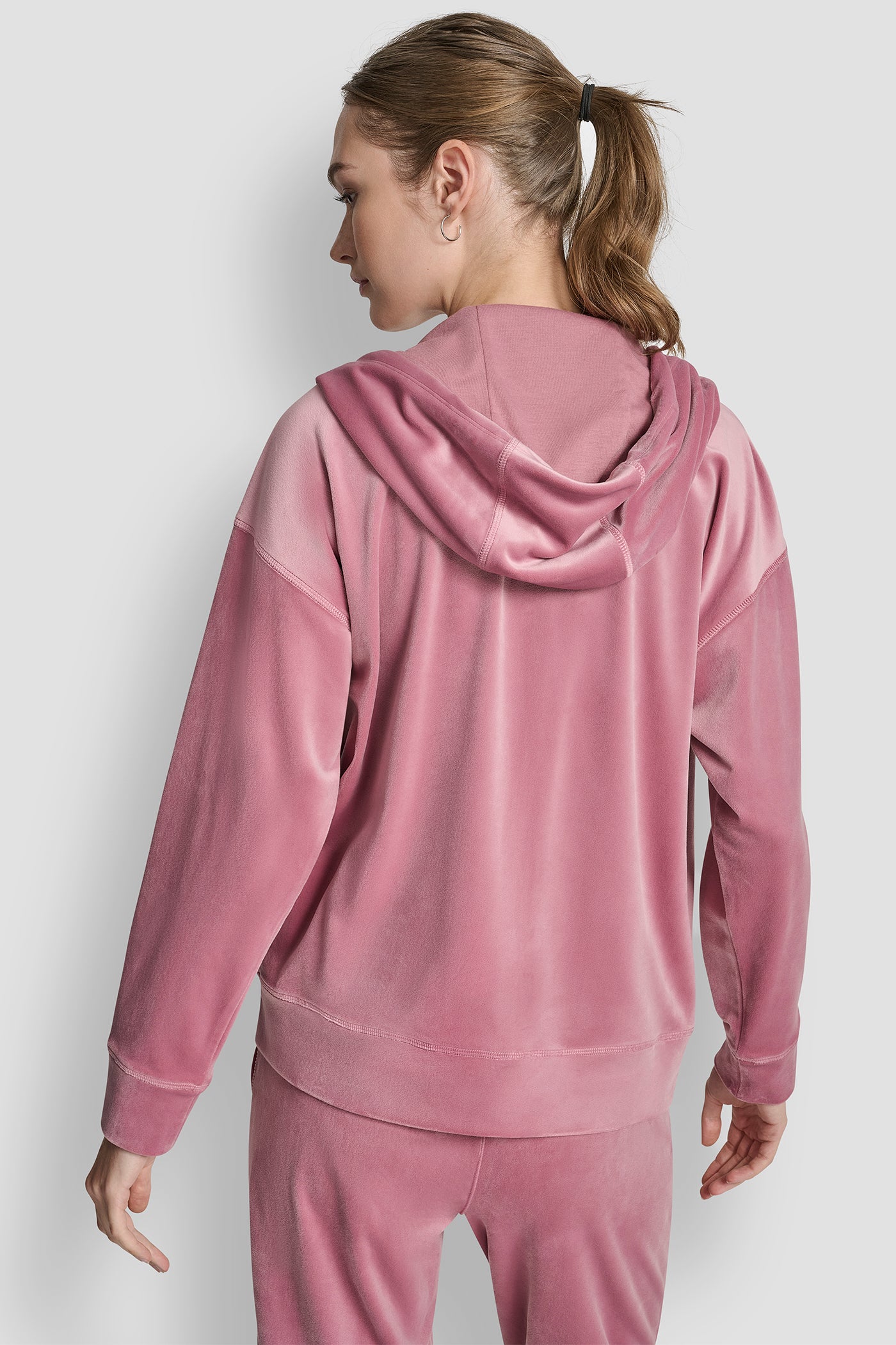 DUSTY MAUVE EMBROIDERY LOGO FULL ZIP HOODIE WITH POCKETS, VIEW 2 | DKNY Promo