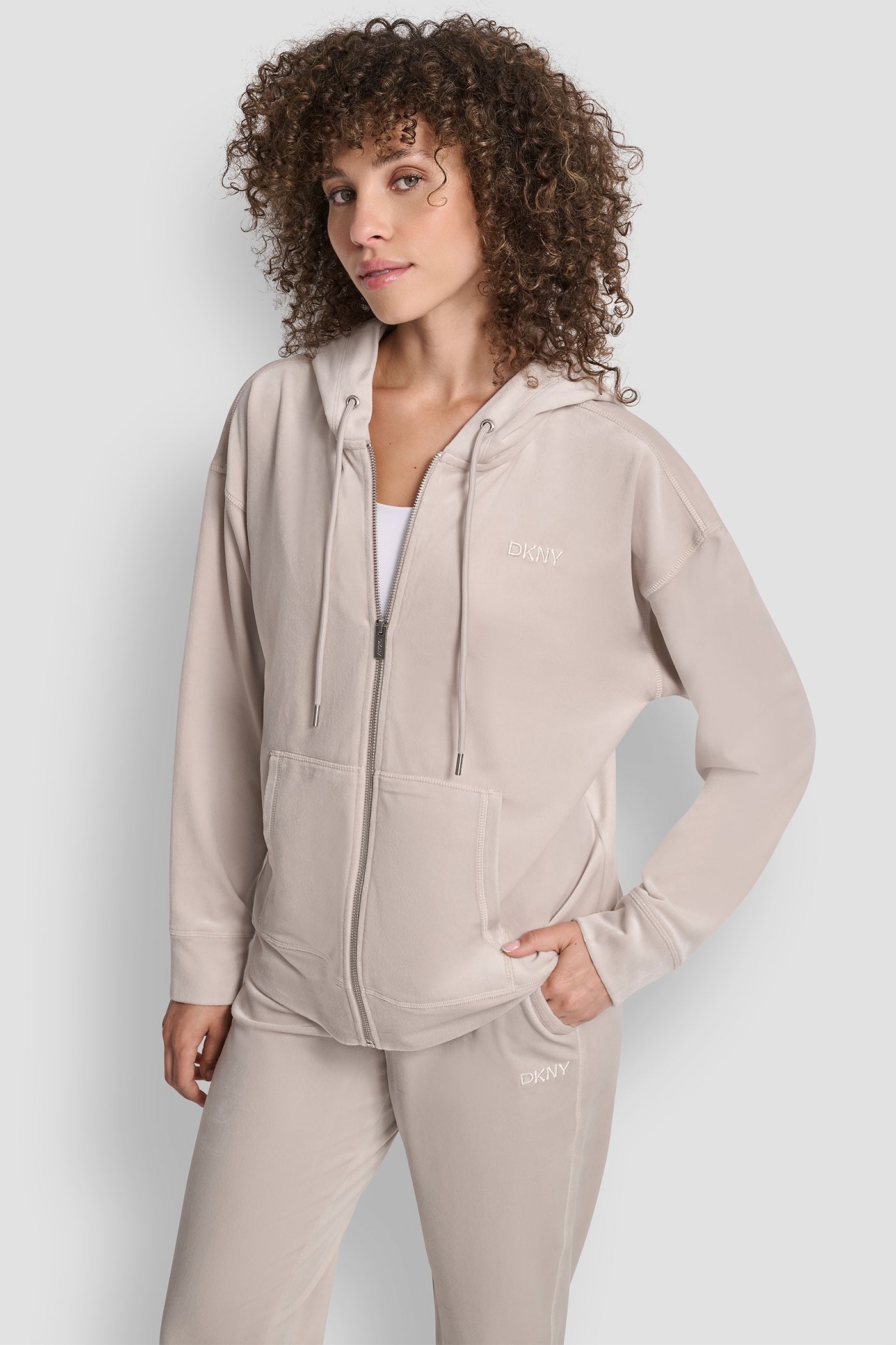 OAT EMBROIDERY LOGO FULL ZIP HOODIE WITH POCKETS, VIEW 1 | DKNY Sport