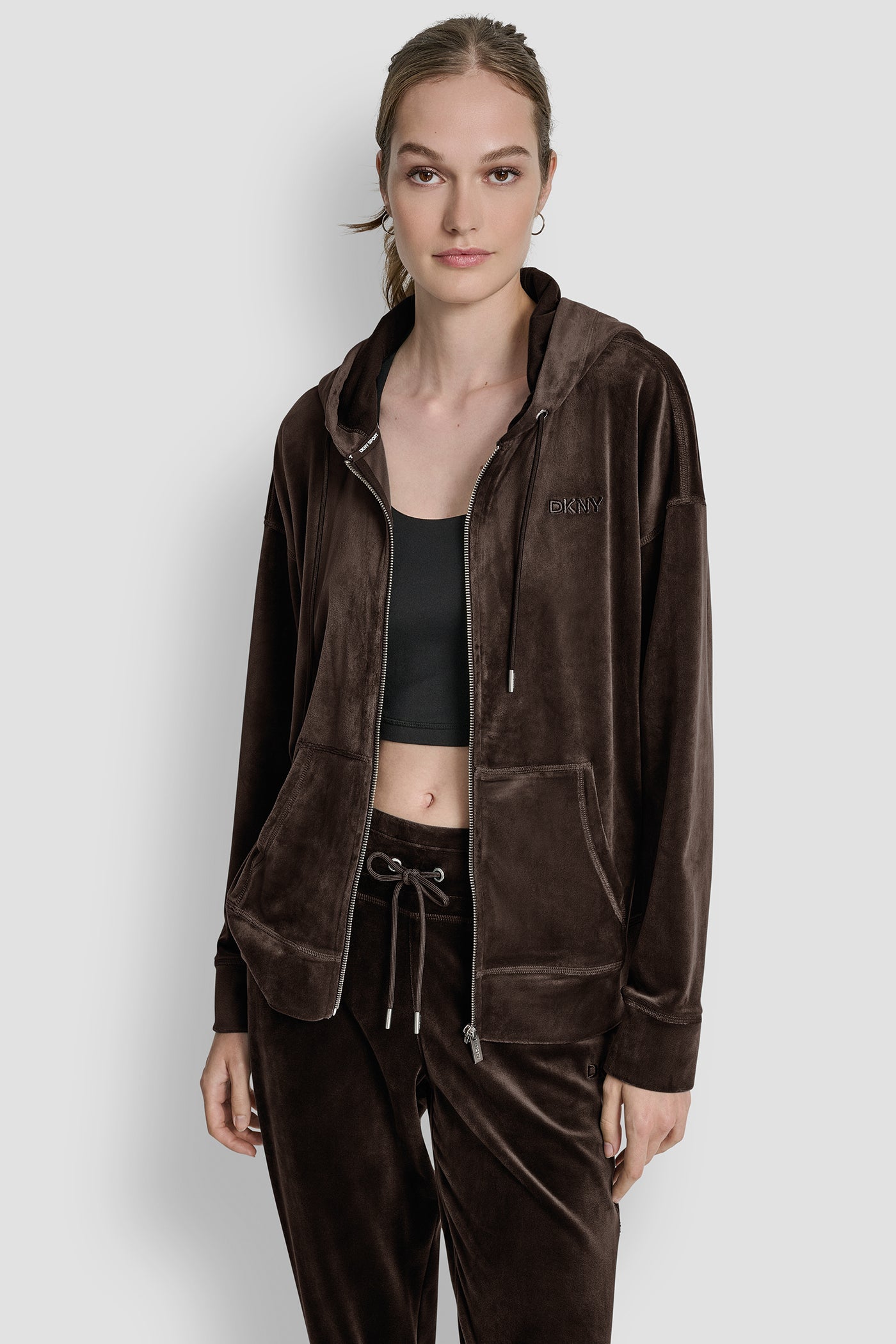 ESPRESSO EMBROIDERY LOGO FULL ZIP HOODIE WITH POCKETS, FRONT VIEW | Under $75
