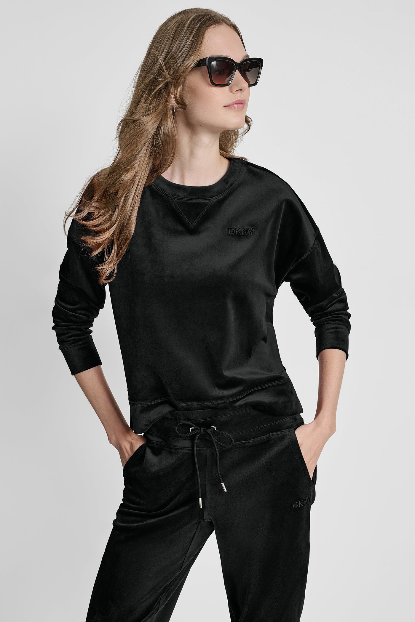 Black HIGH LOW CREW NECK V-INSET PULLOVER WITH EMBROIDERY, VIEW 1 | DKNY Sport