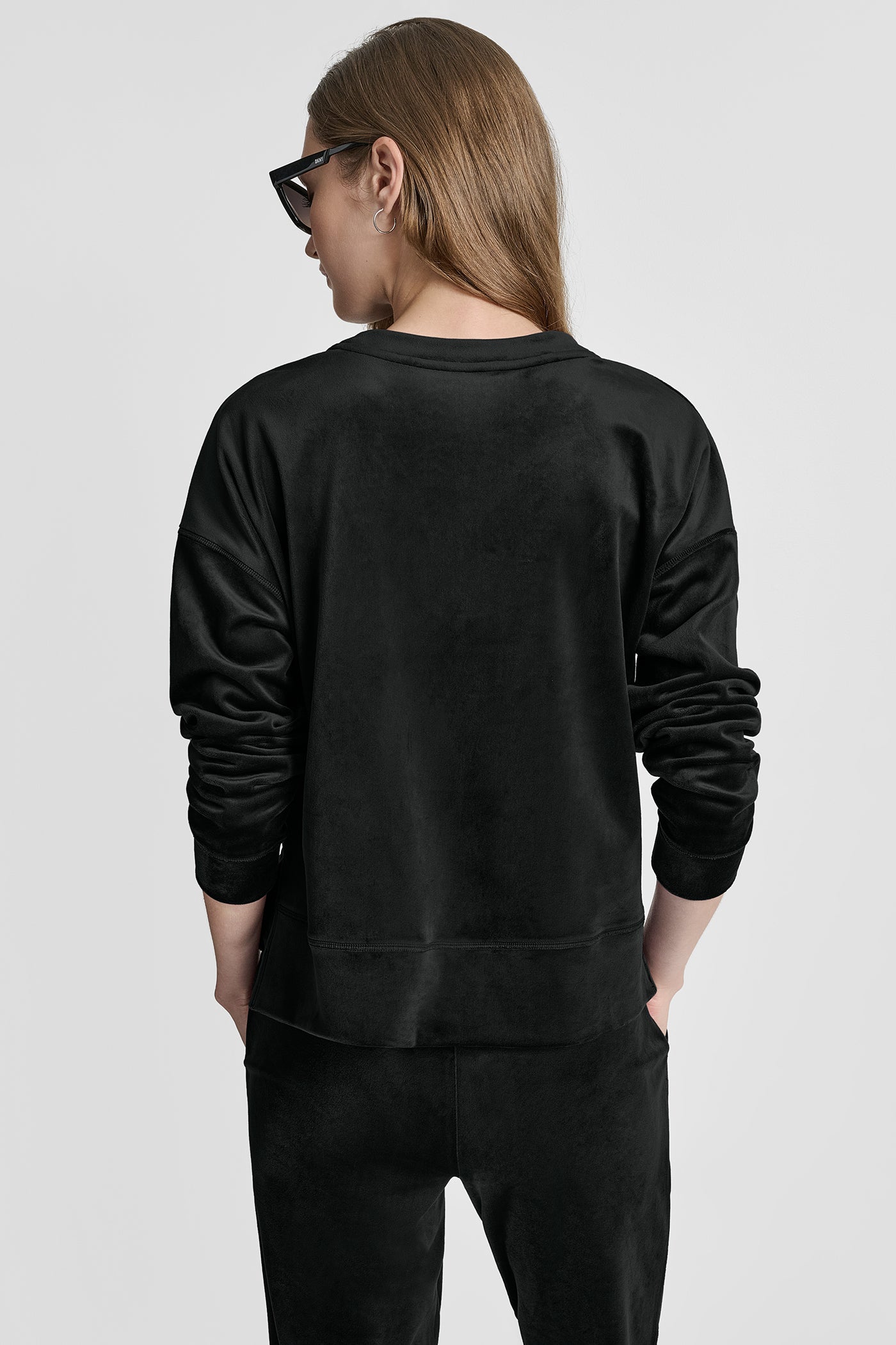 Black HIGH LOW CREW NECK V-INSET PULLOVER WITH EMBROIDERY, VIEW 2 | DKNY Sport
