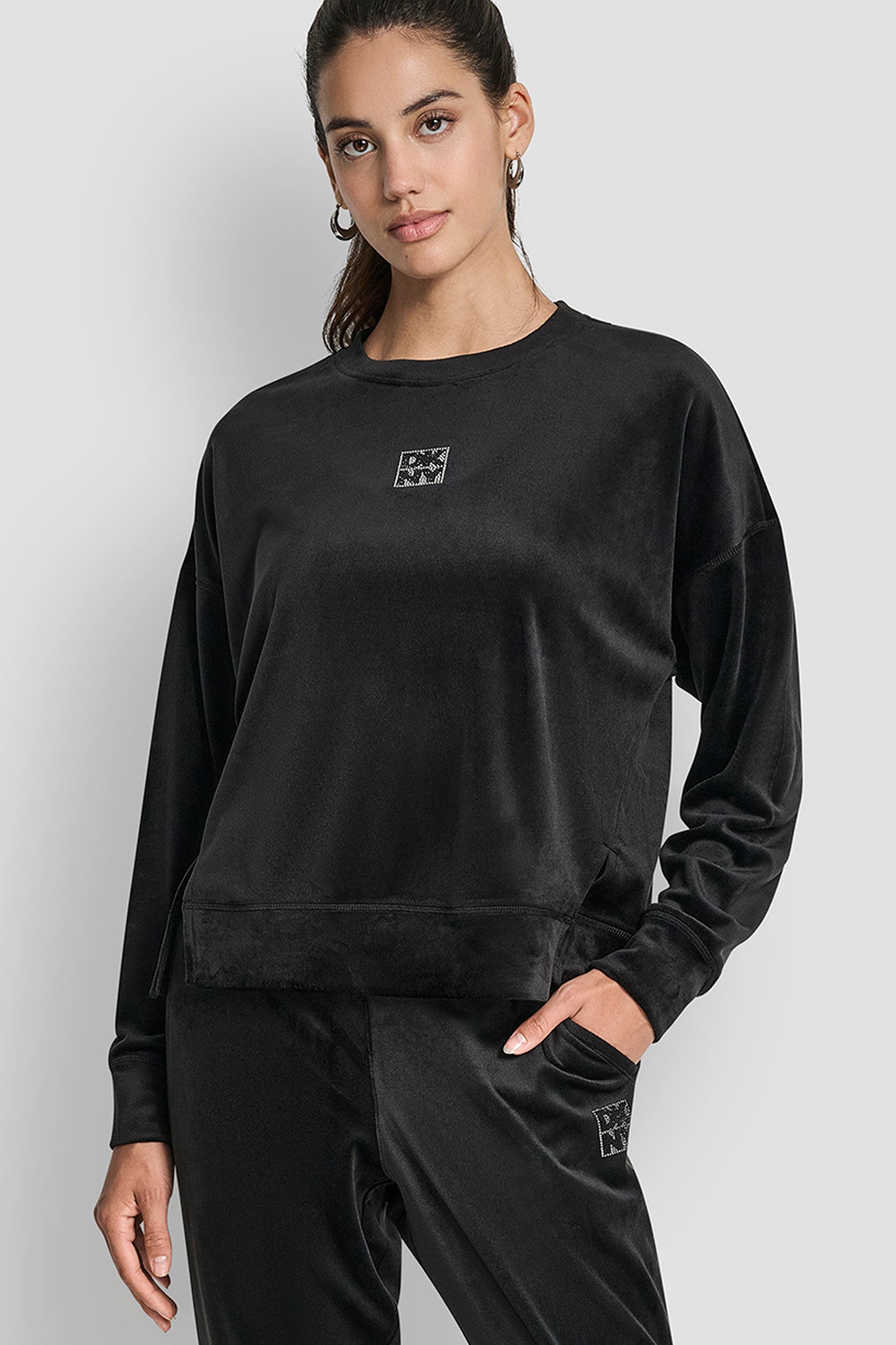Black VELOUR RHINESTONE TWO TONE LOGO PULLOVER, VIEW 1 | SELECT STYLES