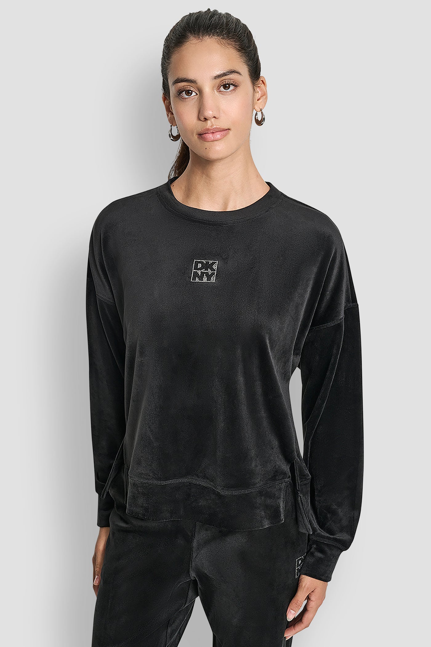 Black RHINESTONE TWO TONE LOGO PULLOVER, FRONT VIEW | DKNY Promo