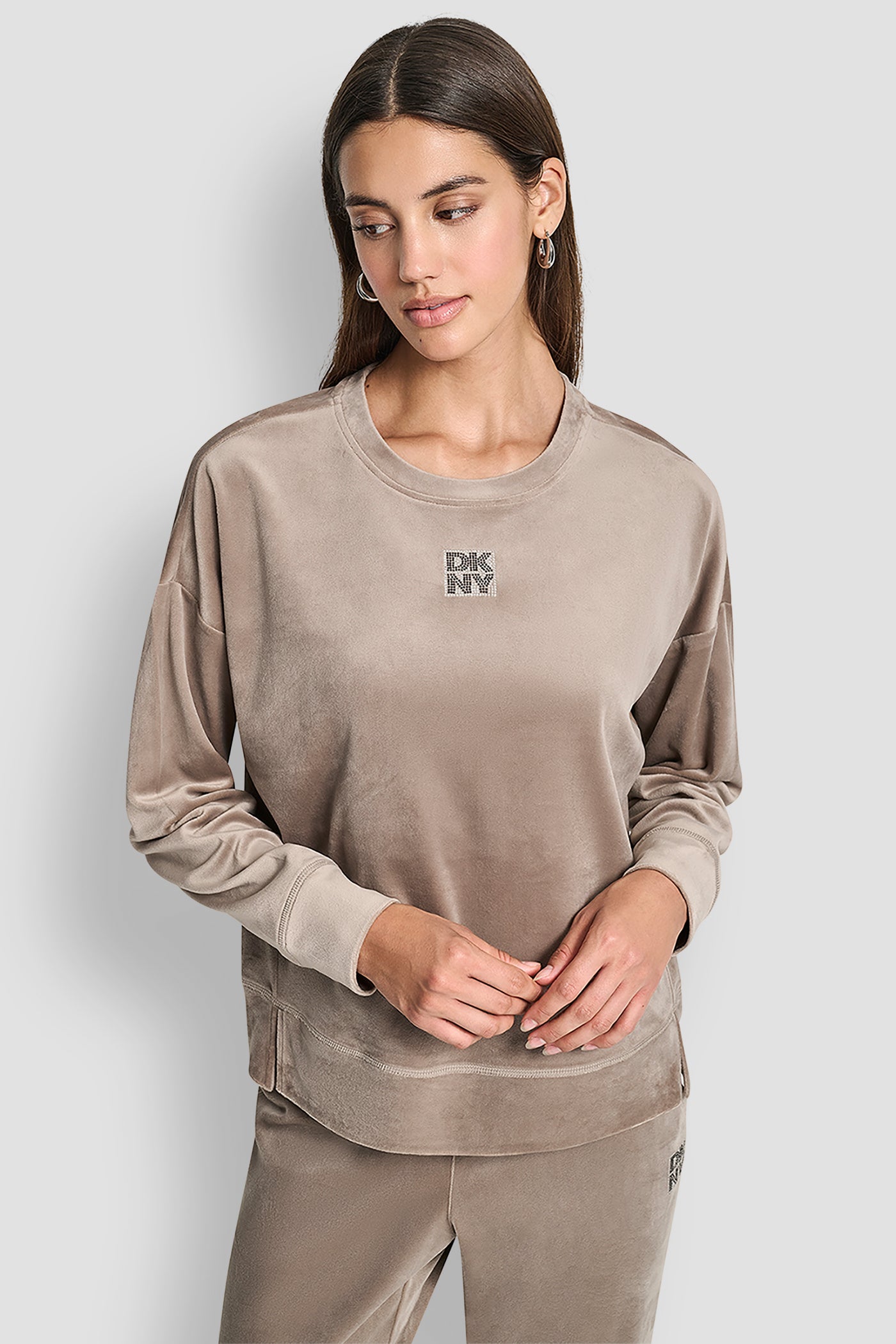 Taupe RHINESTONE TWO TONE LOGO PULLOVER, FRONT VIEW | DKNY Promo