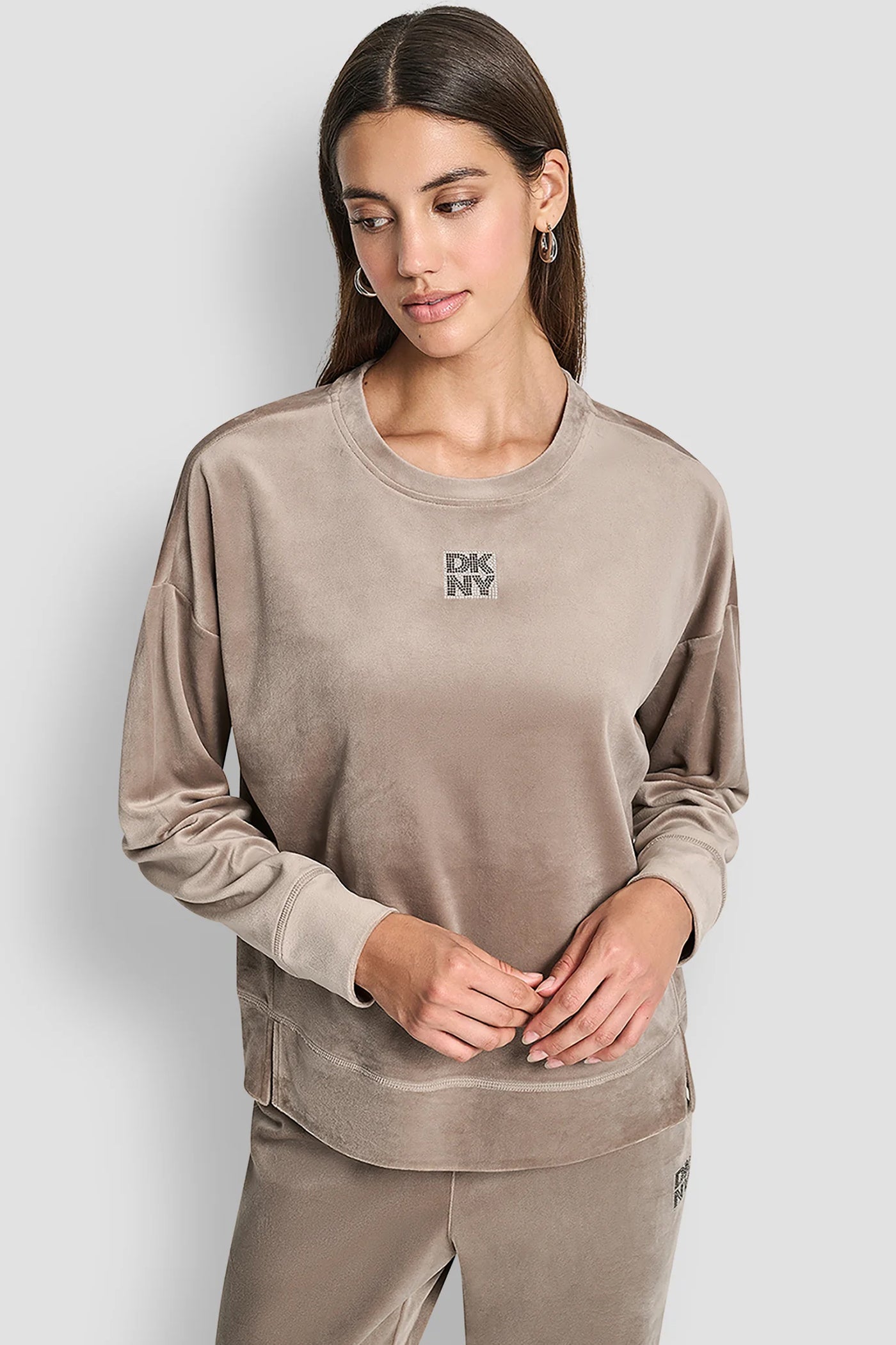Taupe VELOUR RHINESTONE TWO TONE LOGO PULLOVER, VIEW 1 | SELECT STYLES