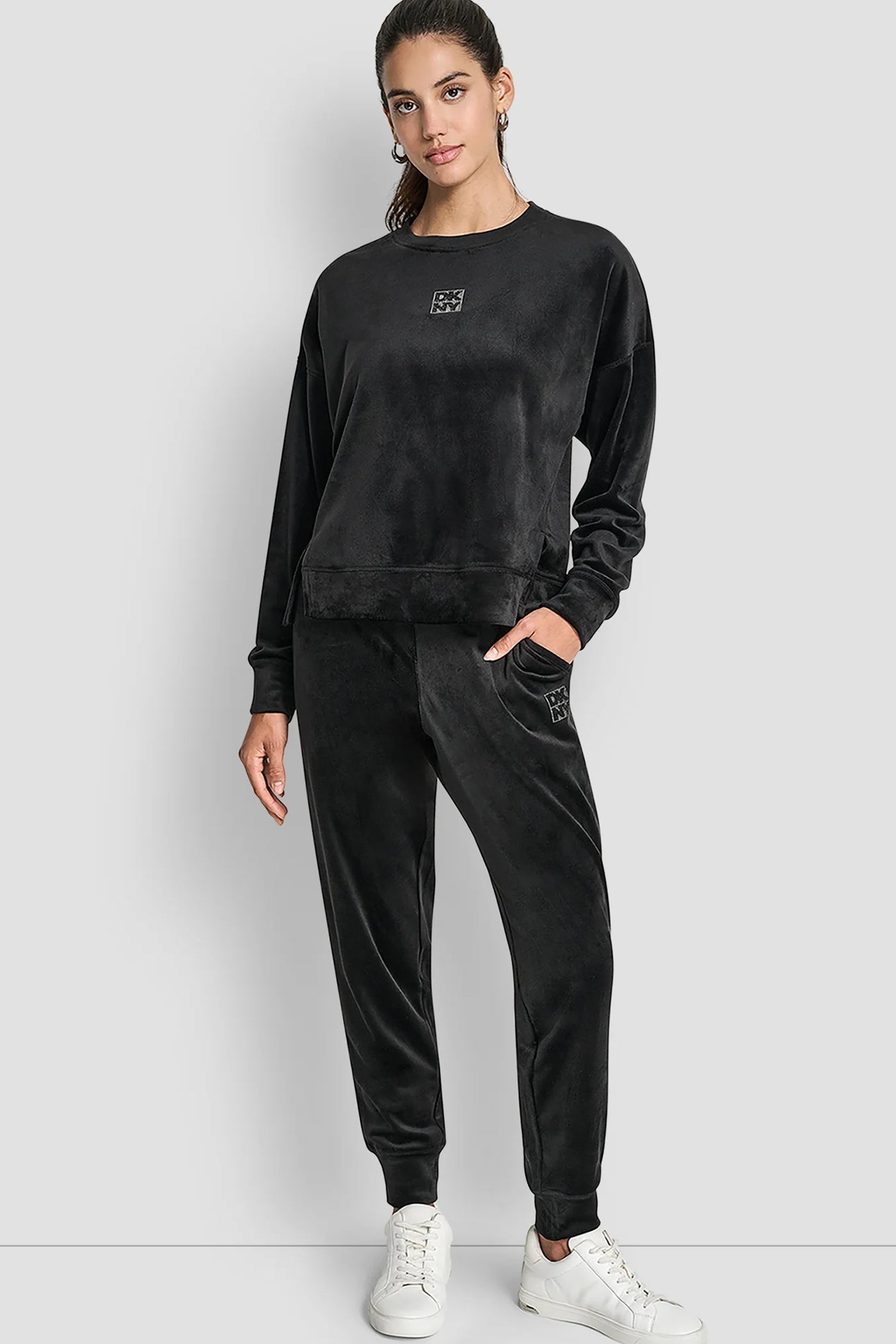 Black VELOUR RHINESTONE TWO TONE LOGO JOGGER, VIEW 1 | SELECT STYLES