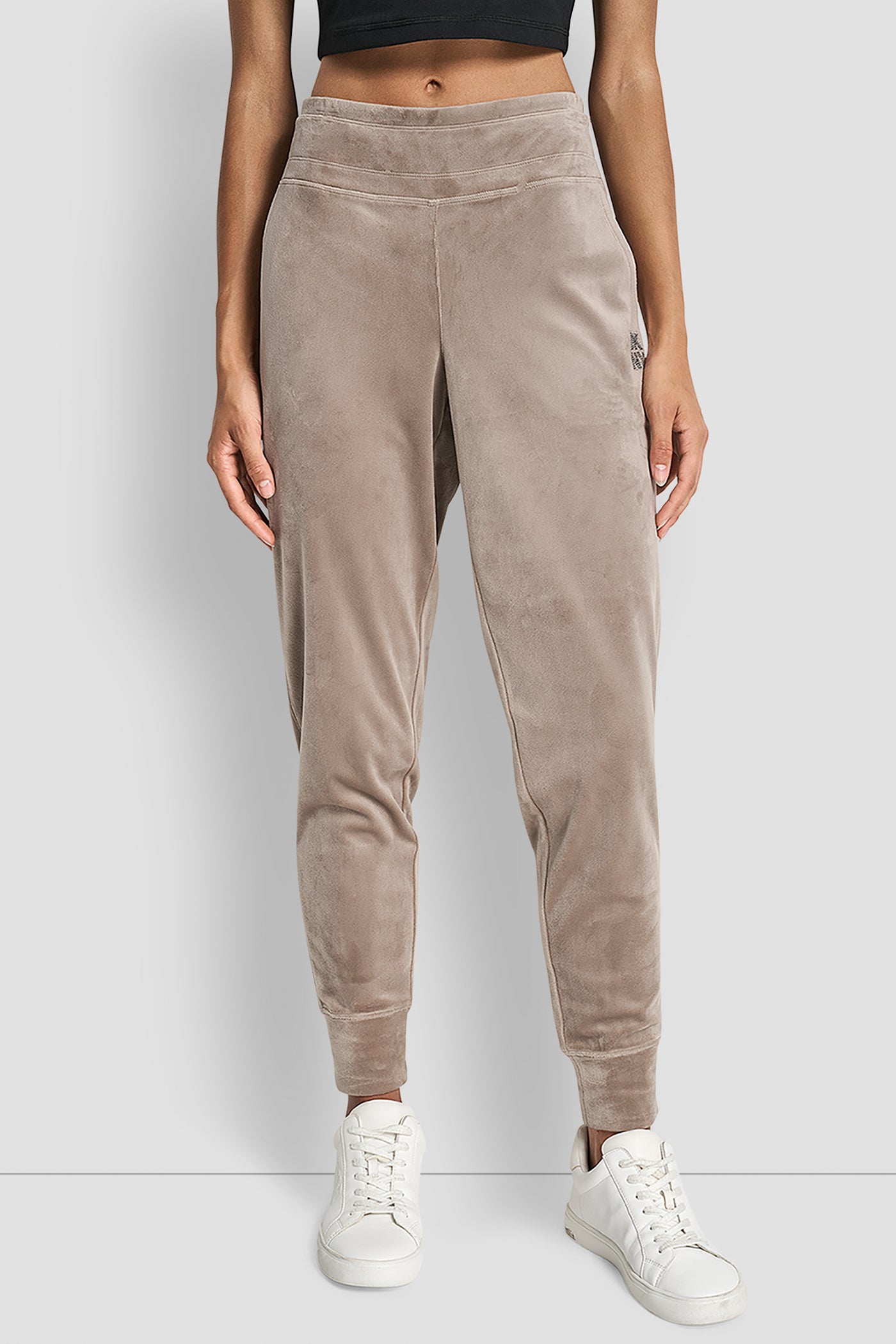 Beige VELOUR RHINESTONE TWO TONE LOGO JOGGER, FRONT VIEW | DKNY Promo