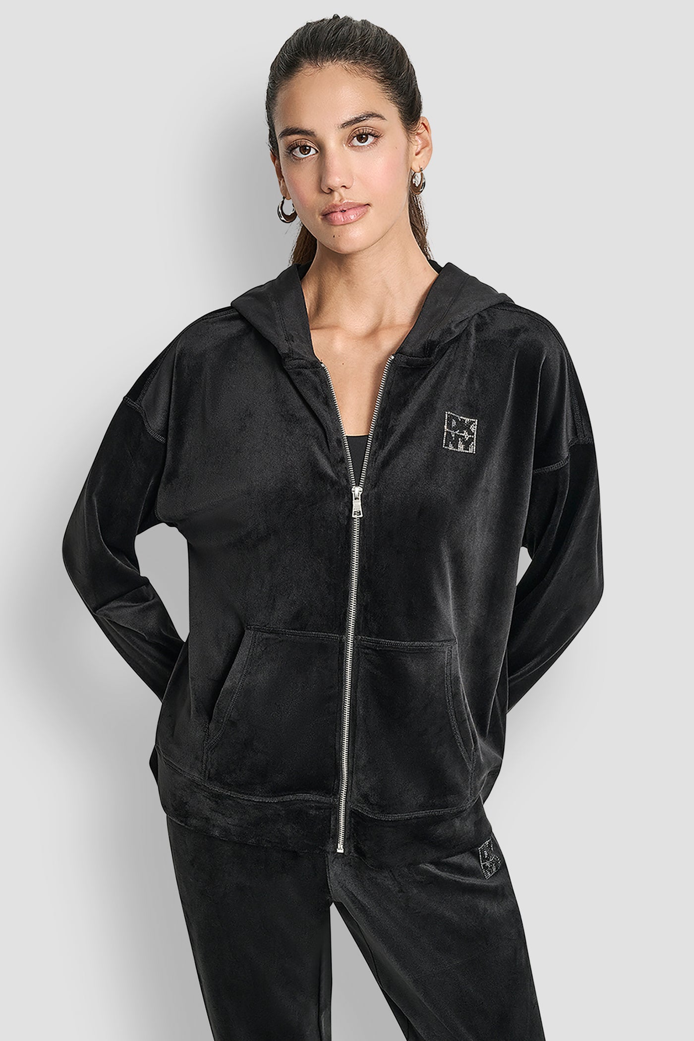 Black RHINESTONE TWO TONE LOGO FULL ZIP HOODIE, FRONT VIEW | DKNY Promo