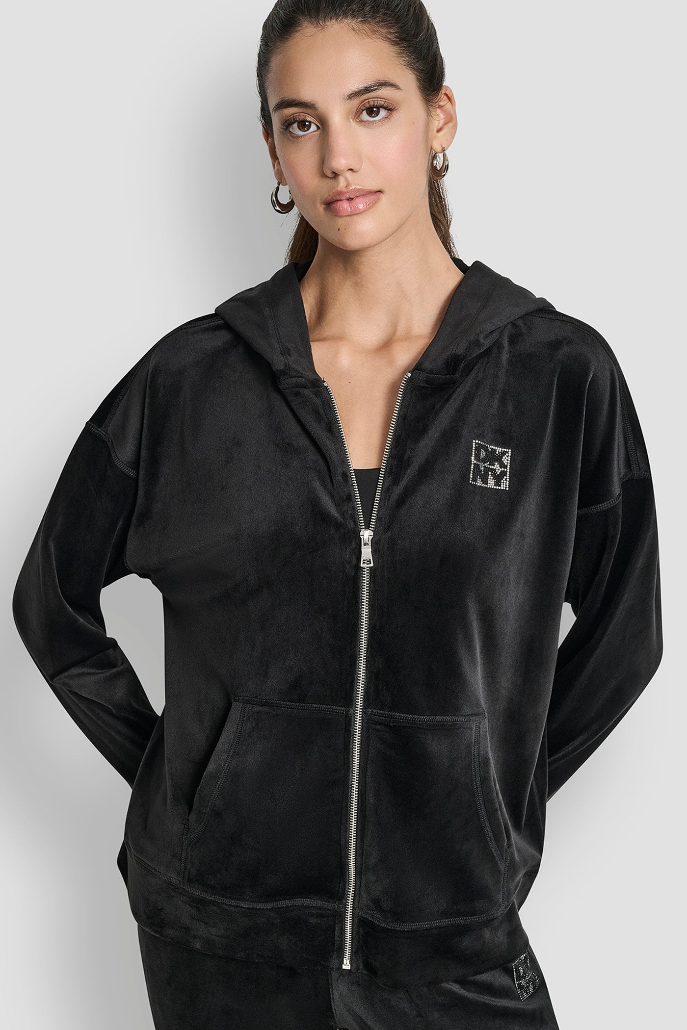 Black VELOUR RHINESTONE TWO TONE LOGO FULL ZIP HOODIE, VIEW 1 | Back-To-School Shop