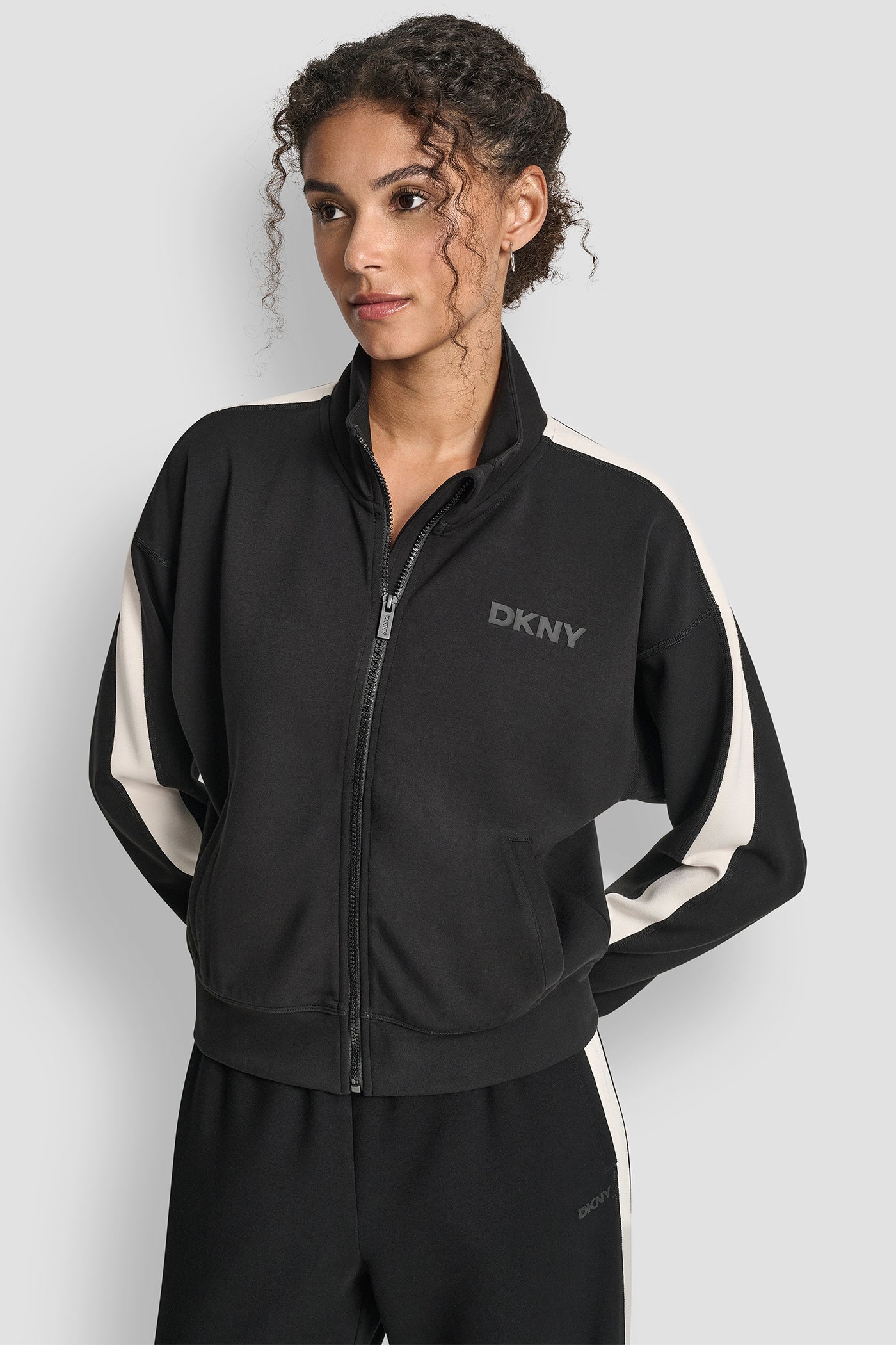 BLACK/ EGGNOG FULL ZIP MOCK NECK TRACK JACKET WITH SIDE STRIPES, VIEW 1 | Jackets & Blazers