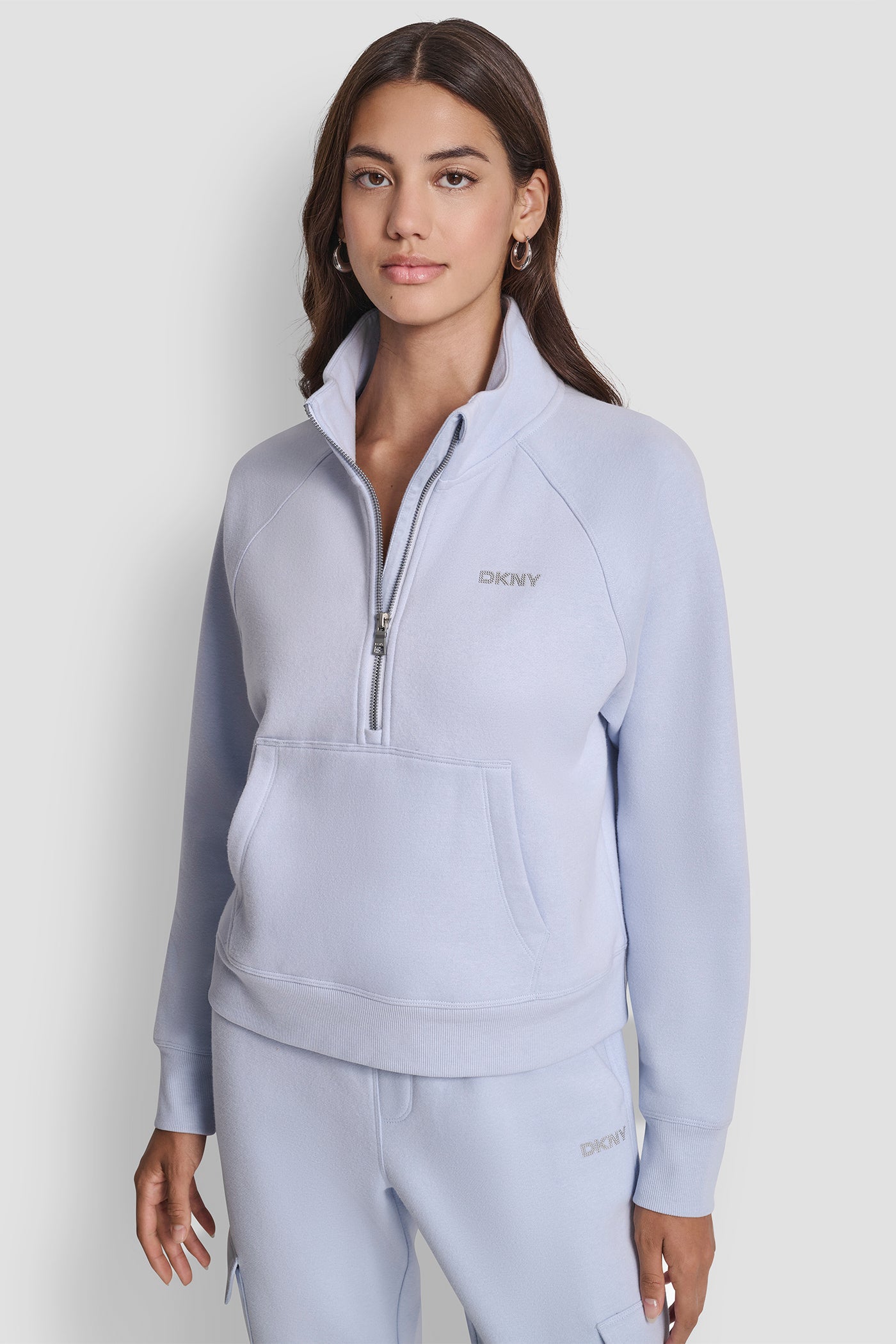 FROST BLUE LOGO EMBELLISHED HALF ZIP SWEATSHIRT, FRONT VIEW | New Arrivals