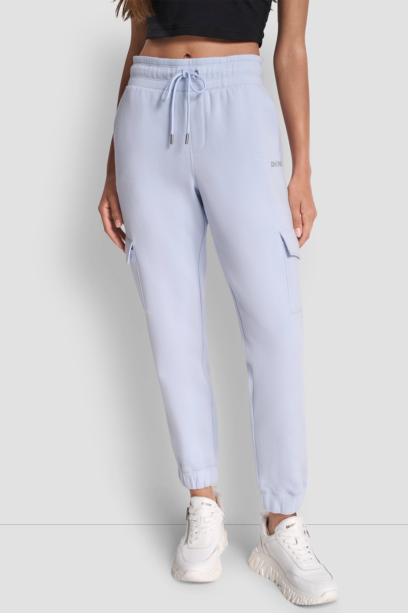 FROST BLUE HIGH RISE LOGO EMBELLISHED SLIM CARGO JOGGER, FRONT VIEW | Under $100