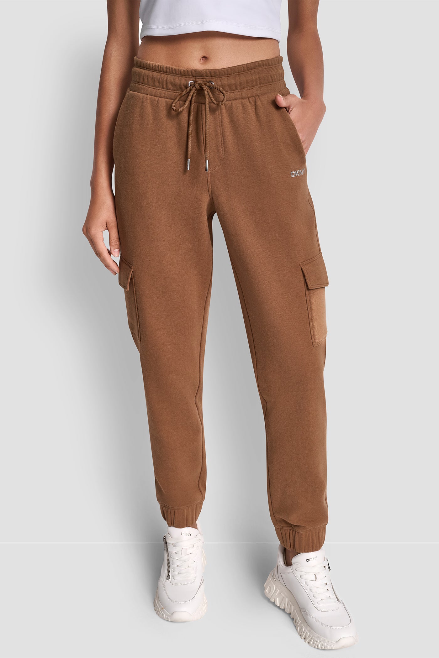 ESPRESSO HIGH RISE LOGO EMBELLISHED SLIM CARGO JOGGER, FRONT VIEW | Under $100