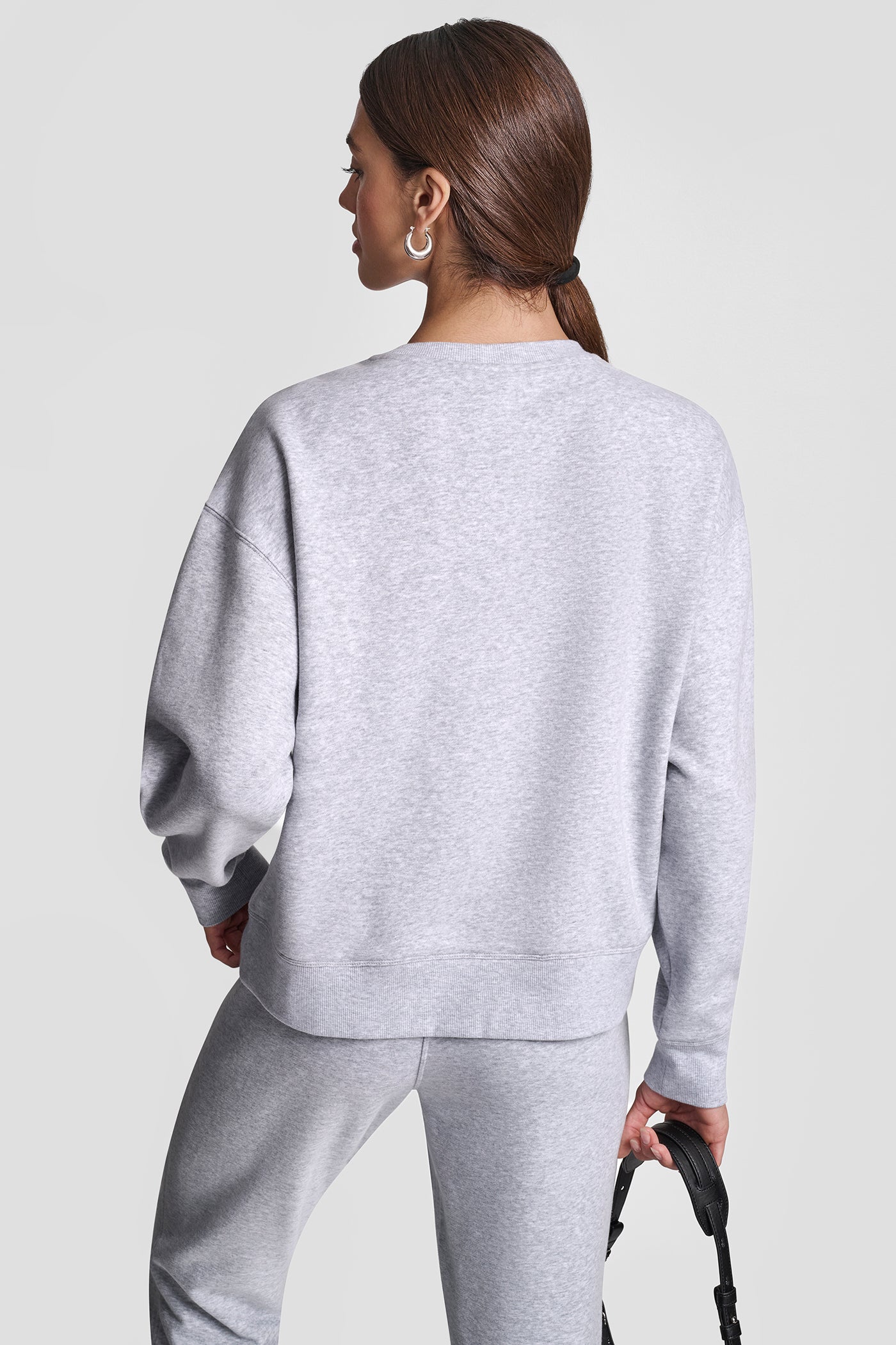 PEARL GREY HEATHER TONAL LOGO PATCH CREW NECK LONG LINE PULLOVER, VIEW 2 | New Arrivals