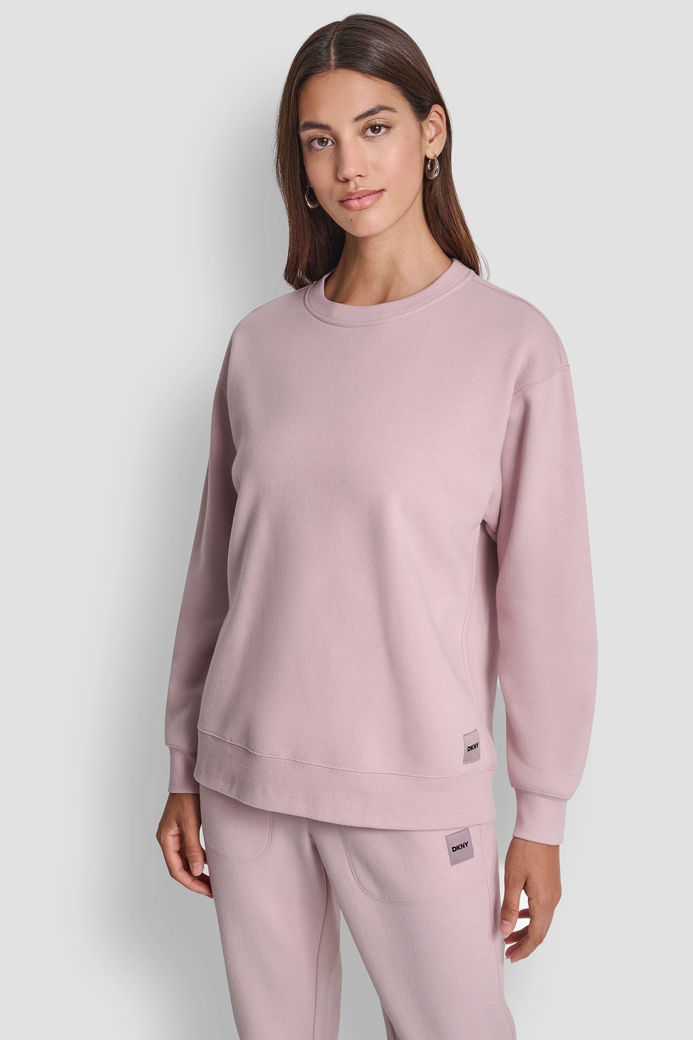 ALLURE TONAL LOGO PATCH CREW NECK LONG LINE PULLOVER, FRONT VIEW | New Arrivals