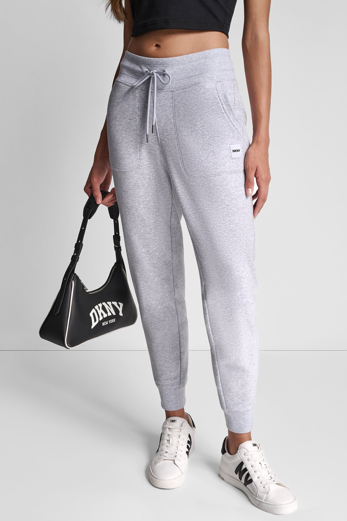 PEARL GREY HEATHER TONAL LOGO PATCH LOGO RIB TRIM JOGGER WITH POCKETS, VIEW 1 | New Arrivals