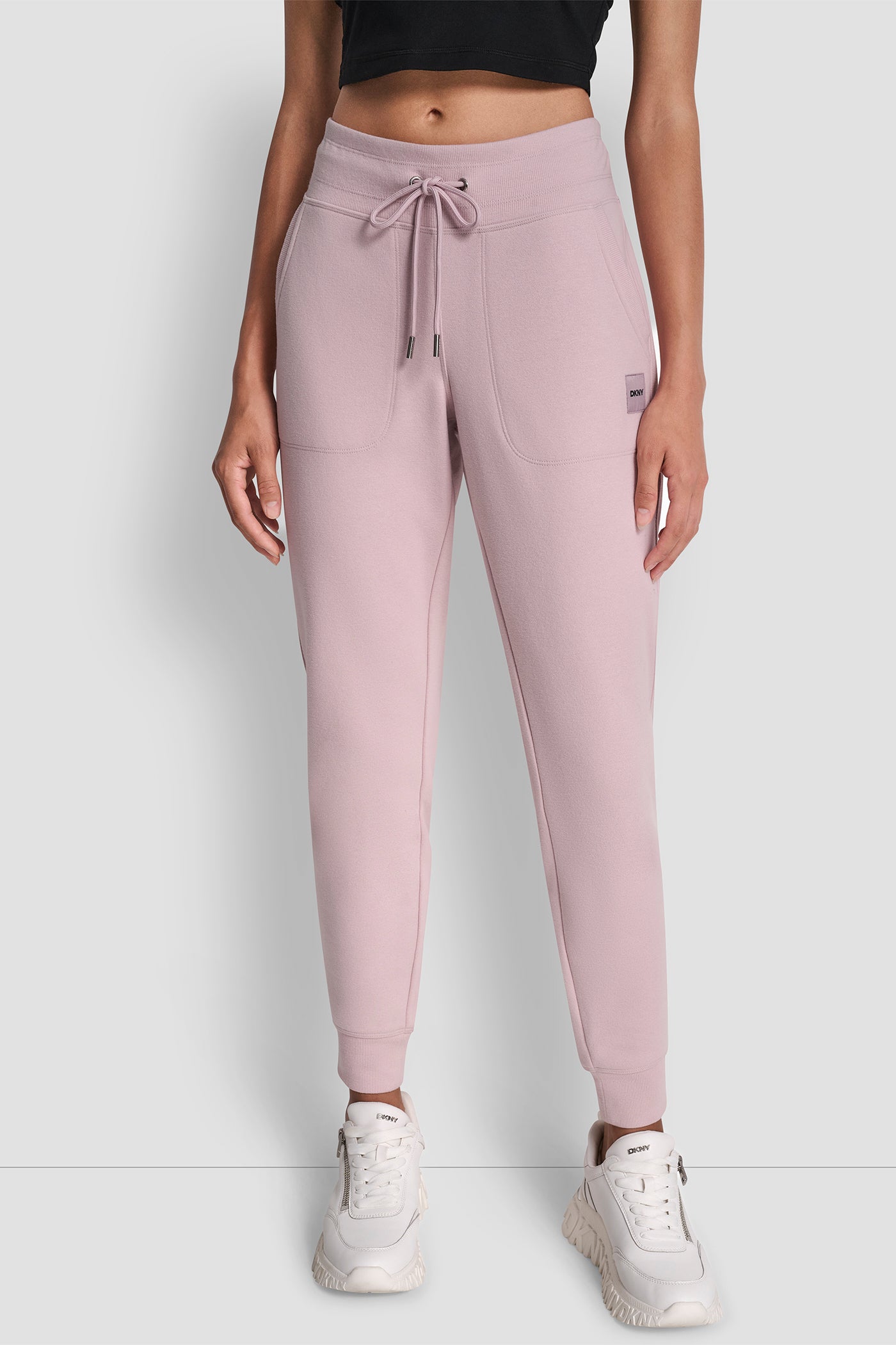 ALLURE TONAL LOGO PATCH LOGO RIB TRIM JOGGER WITH POCKETS, FRONT VIEW | New Arrivals