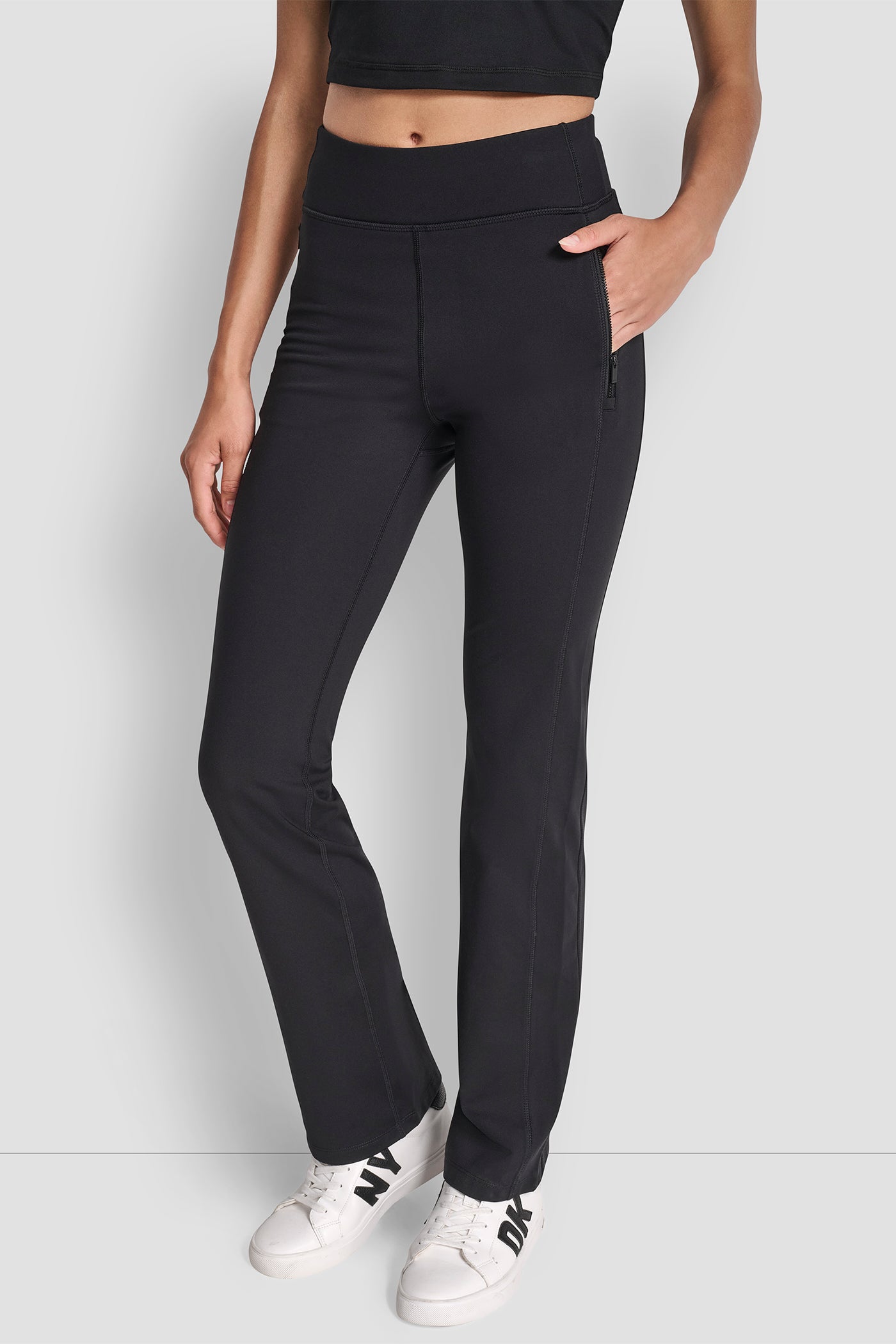Black ALPINE FITNESS HIGH WAIST BOOT CUT PANT WITH LOCK, FRONT VIEW | Sport Essentials
