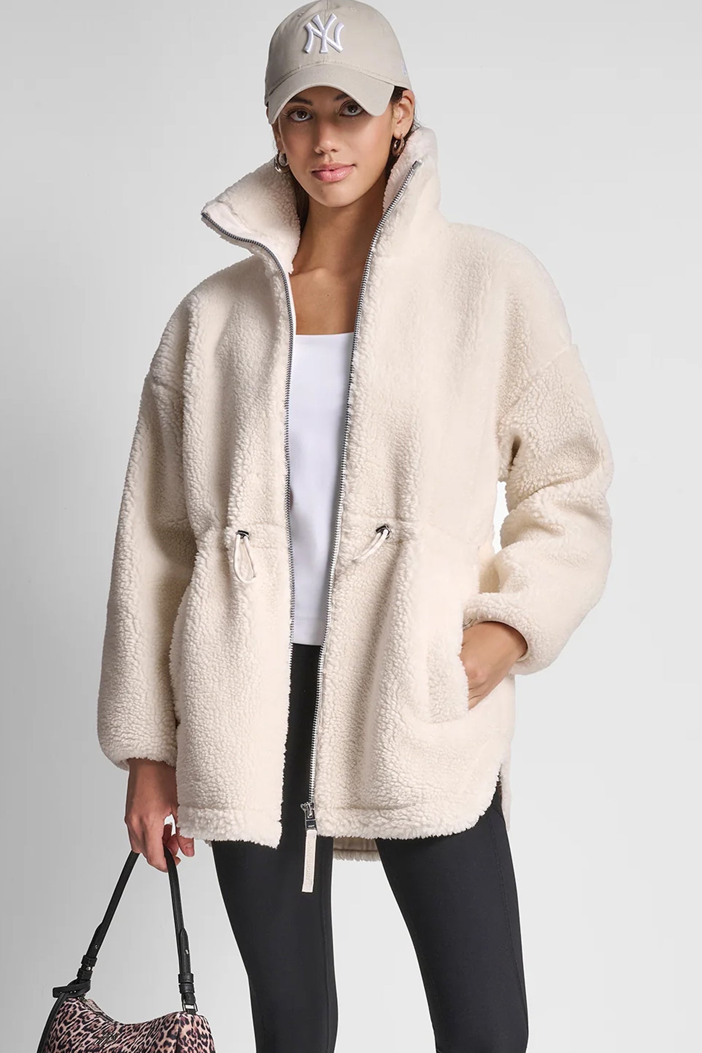 IVORY SHERPA MOCK NECK CURVED HEM JACKET WITH TICKING, VIEW 1 | DKNY Sport