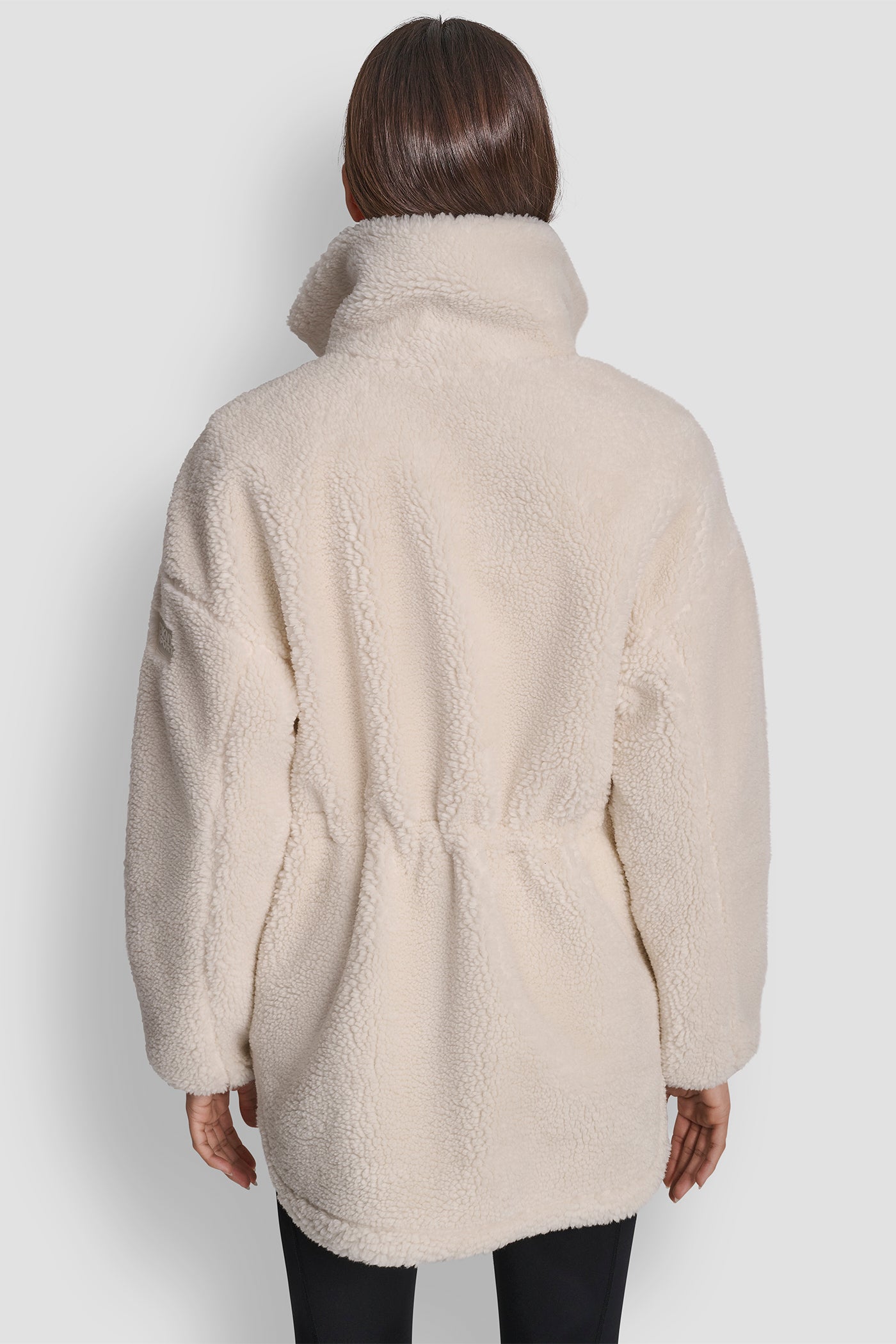 IVORY SHERPA MOCK NECK CURVED HEM JACKET WITH TICKING, BACK VIEW | Cold Weather Coats
