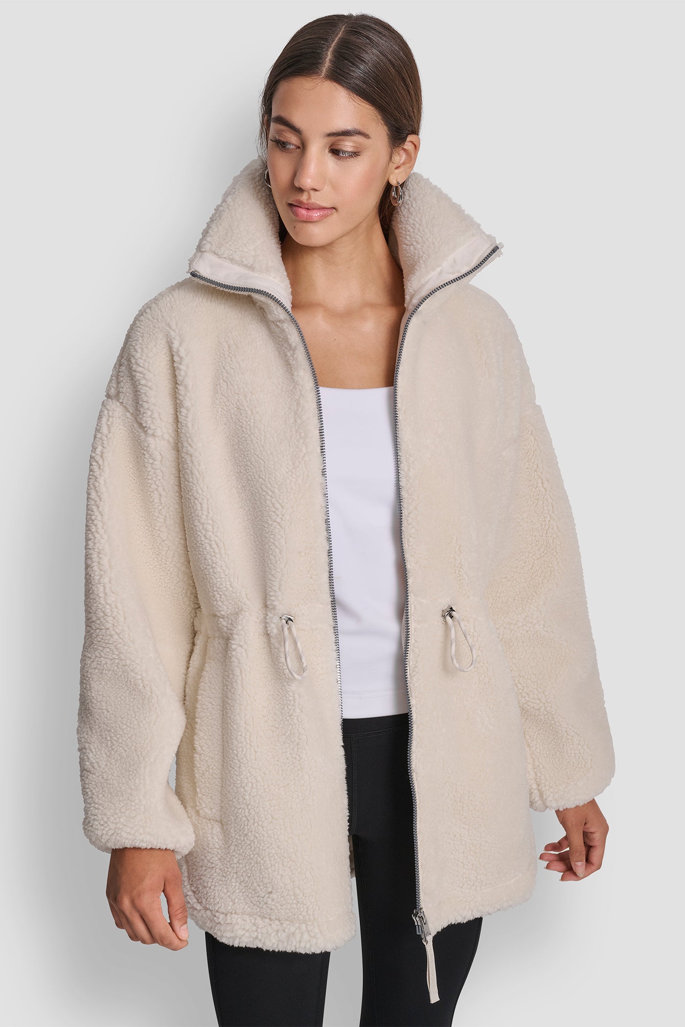 IVORY SHERPA MOCK NECK CURVED HEM JACKET WITH TICKING, FRONT VIEW | Cold Weather Coats