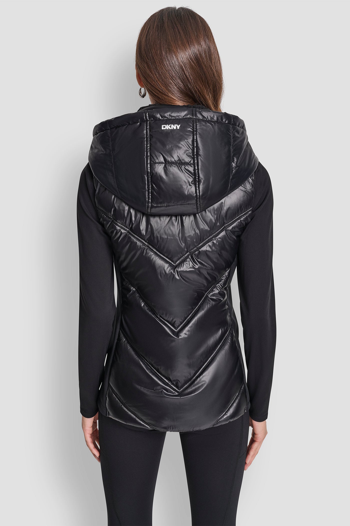 METALLIC BLACK/BLACK SCUBA-PANELED PUFFER VEST, BACK VIEW | Lightweight Jackets