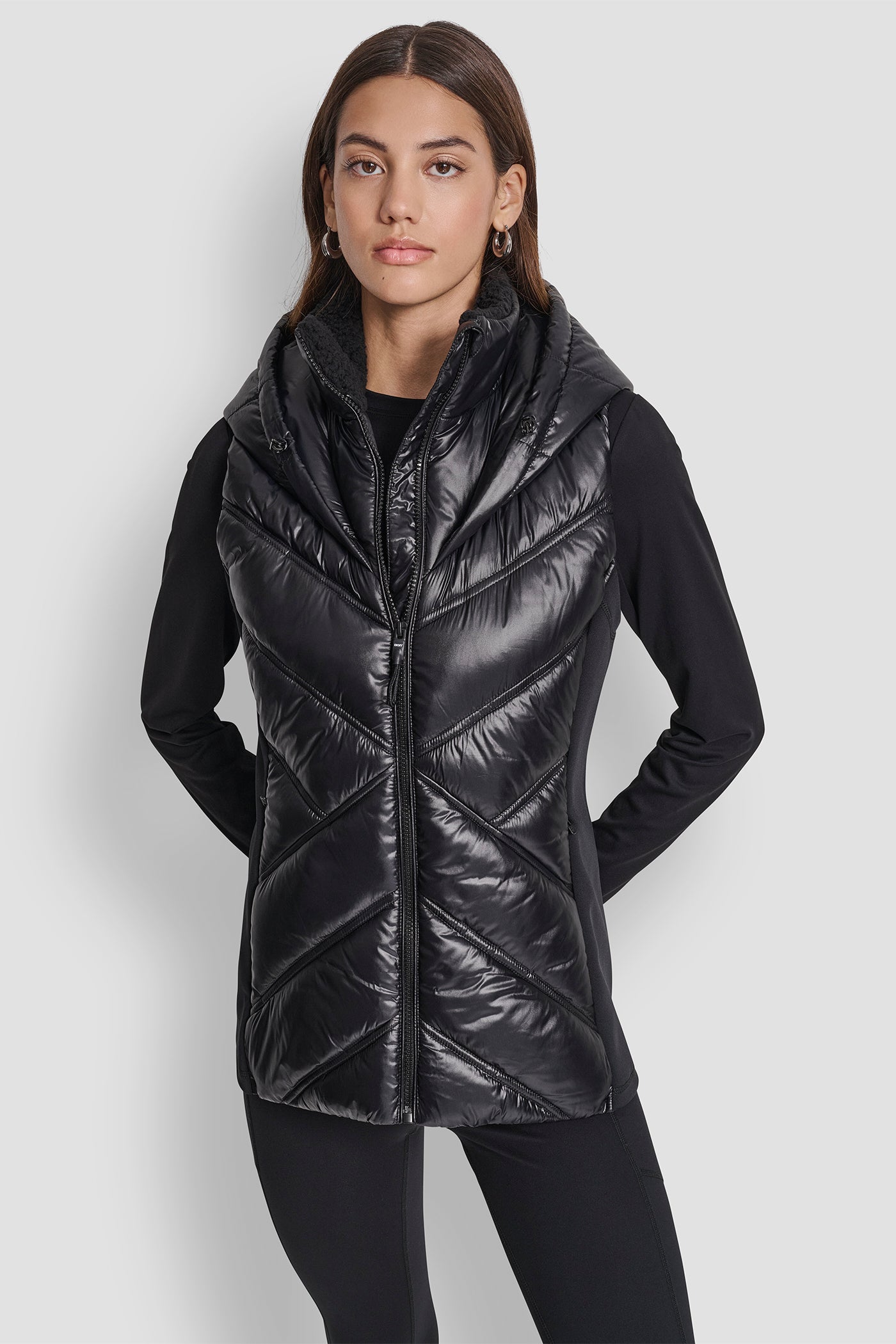 METALLIC BLACK/BLACK SCUBA-PANELED PUFFER VEST, FRONT VIEW | Lightweight Jackets