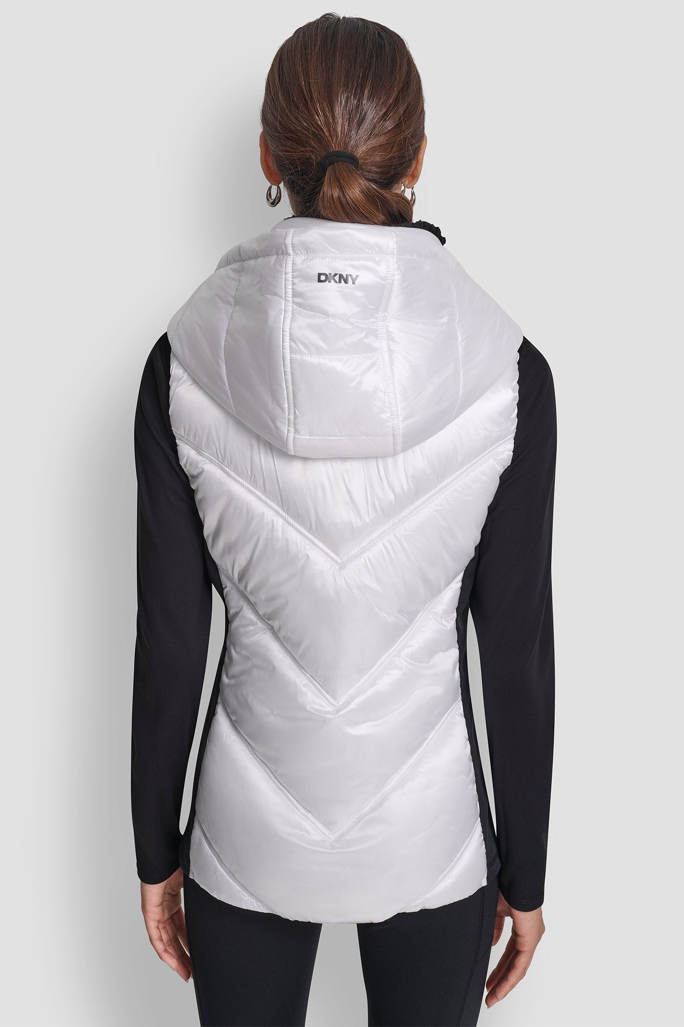 WHITE/ BLACK SCUBA-PANELED PUFFER VEST, BACK VIEW | Lightweight Jackets