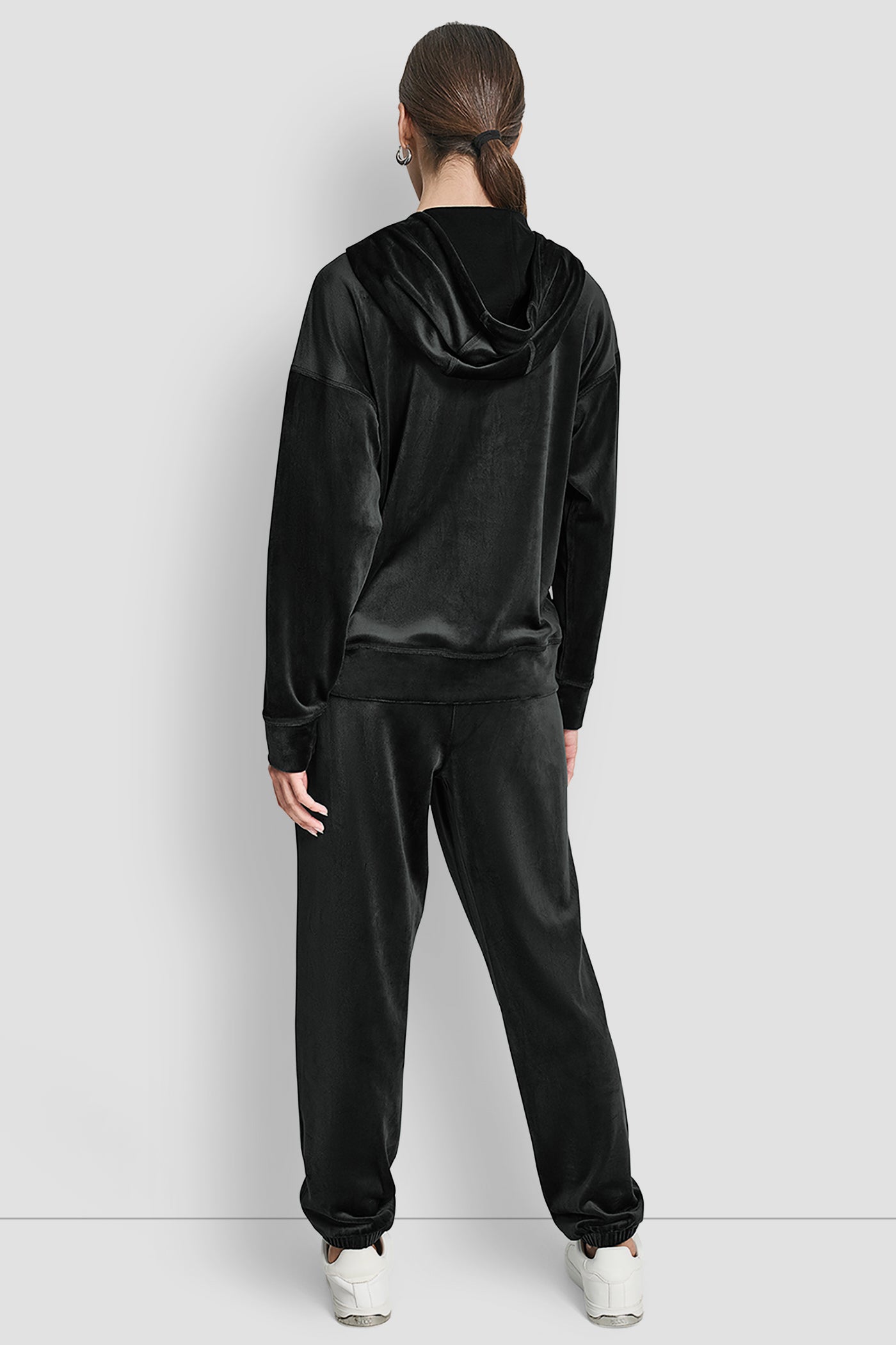 Black VELOUR RHINESTONE LOGO FULL ZIP HOODIE, BACK VIEW | DKNY Sport