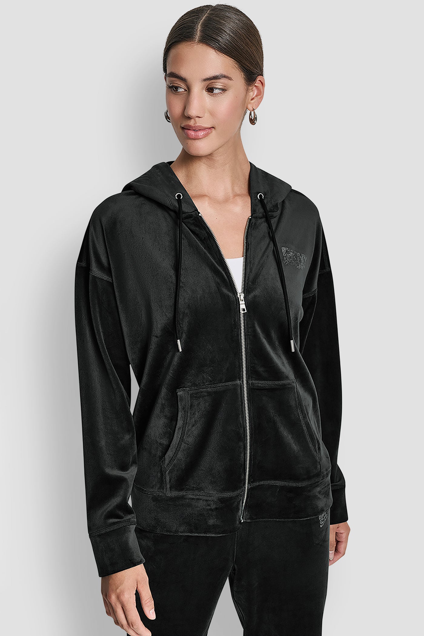 Black VELOUR RHINESTONE LOGO FULL ZIP HOODIE, FRONT VIEW | DKNY Sport