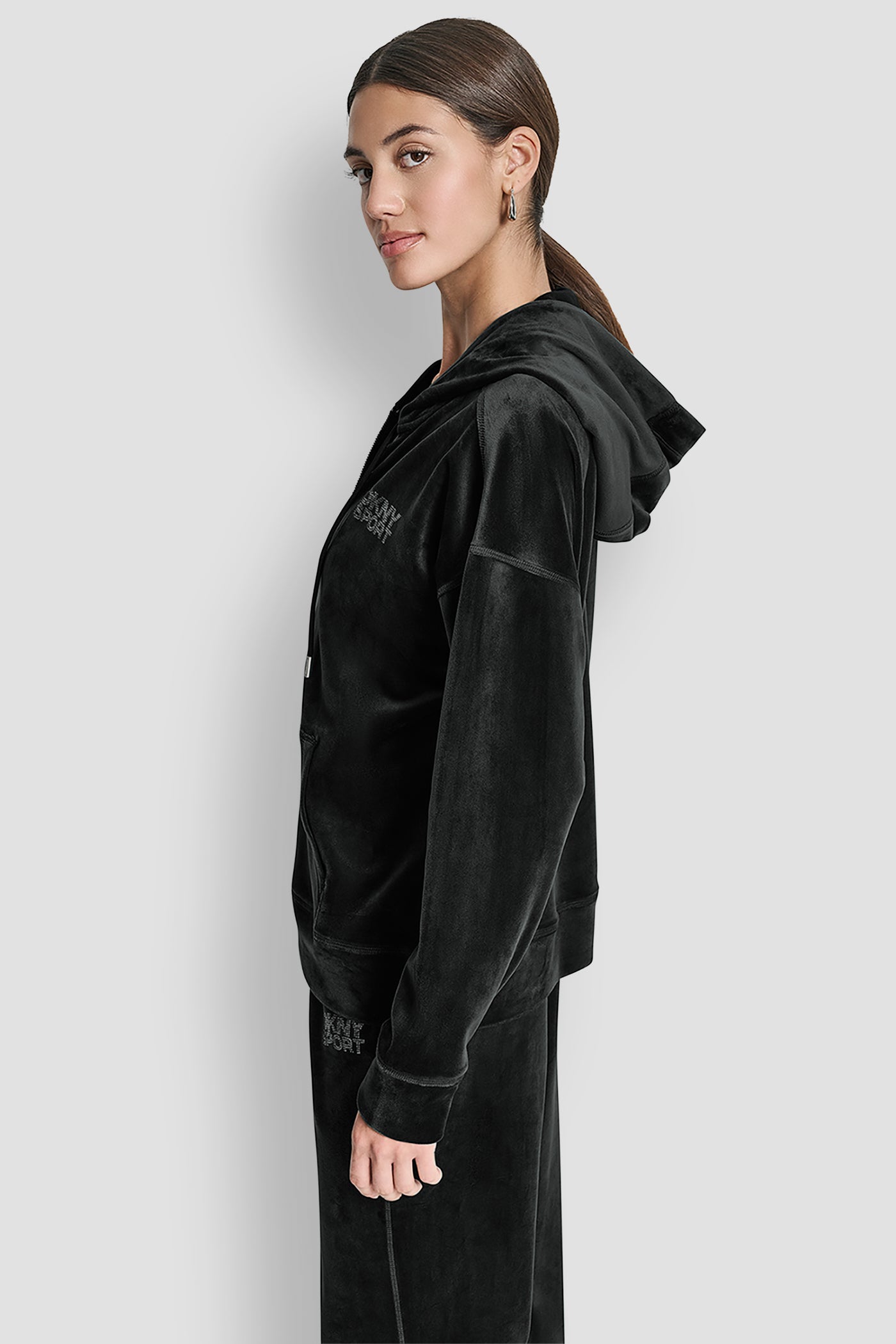 VELOUR RHINESTONE LOGO FULL ZIP HOODIE VIEW 3 | DKNY Sport