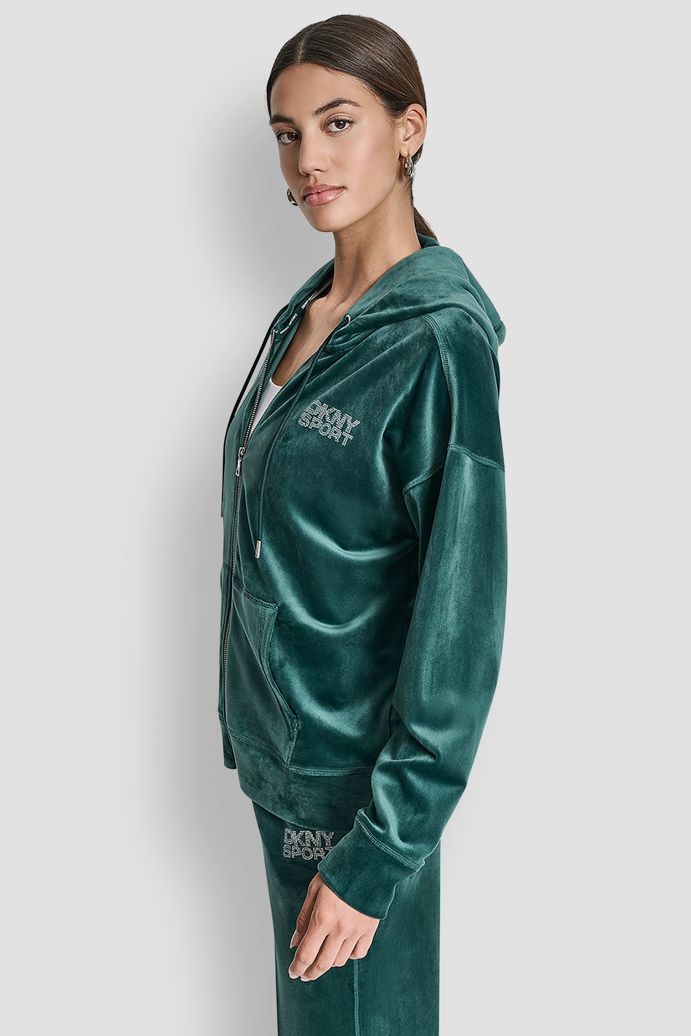 Velour Rhinestone Logo Full Zip Hoodie | Sweatshirt | DKNY