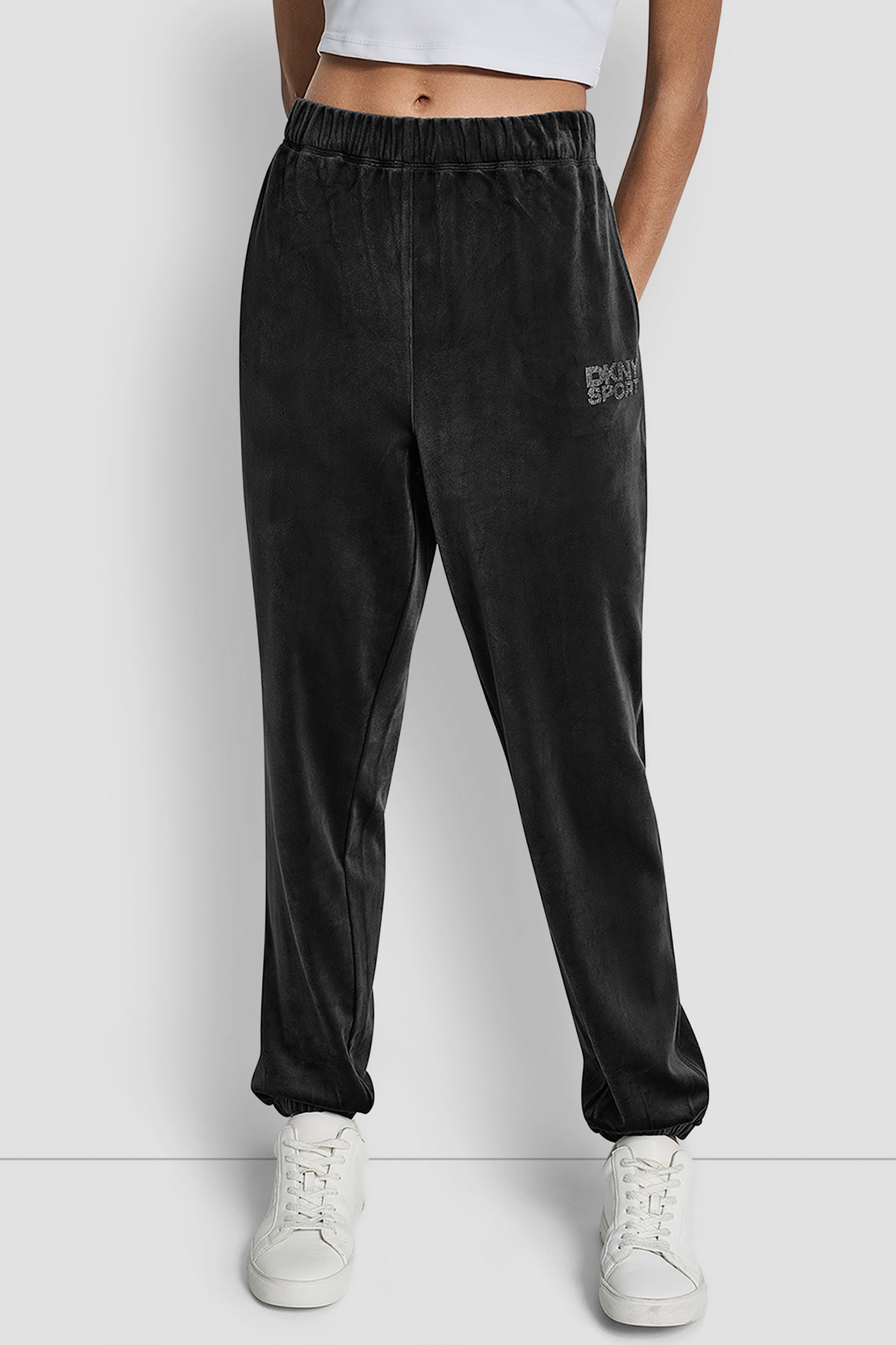 Black HIGH-RISE RHINESTONE LOGO RELAXED JOGGER, FRONT VIEW | DKNY Promo