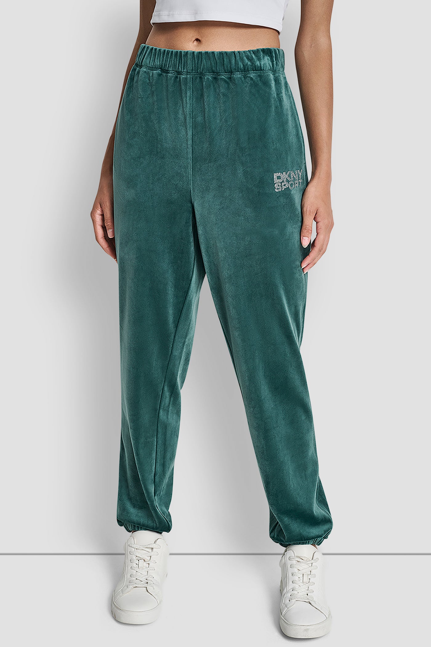 Green HIGH-RISE RHINESTONE LOGO RELAXED JOGGER, FRONT VIEW | DKNY Promo