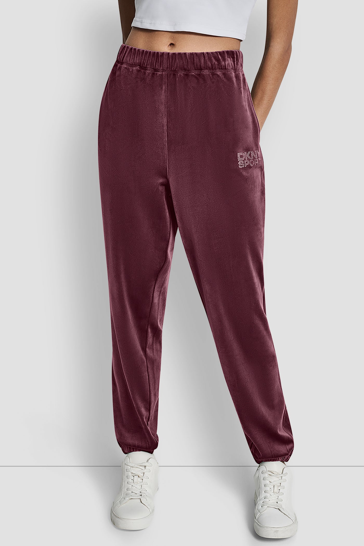 Red HIGH-RISE RHINESTONE LOGO RELAXED JOGGER, FRONT VIEW | DKNY Promo