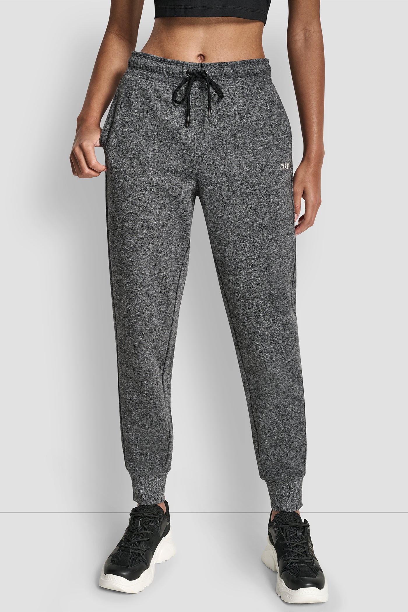 BLACK/ GUNMETAL RHINESTONE LOGO CUFFED JOGGER, FRONT VIEW | DKNY Sport