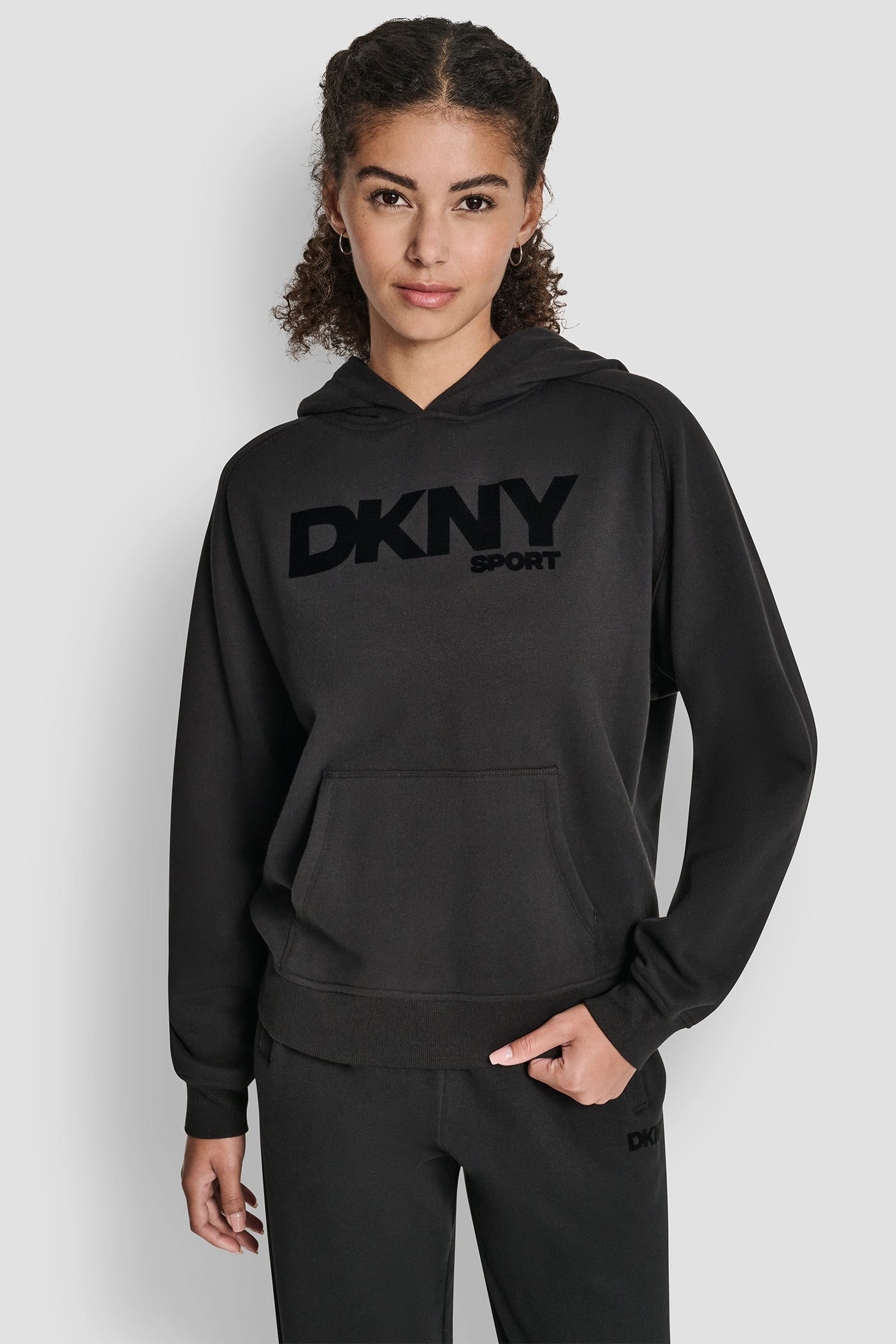 Black OVERSIZED FLOCKED LOGO PULLOVER HOODIE, FRONT VIEW | DKNY Sport
