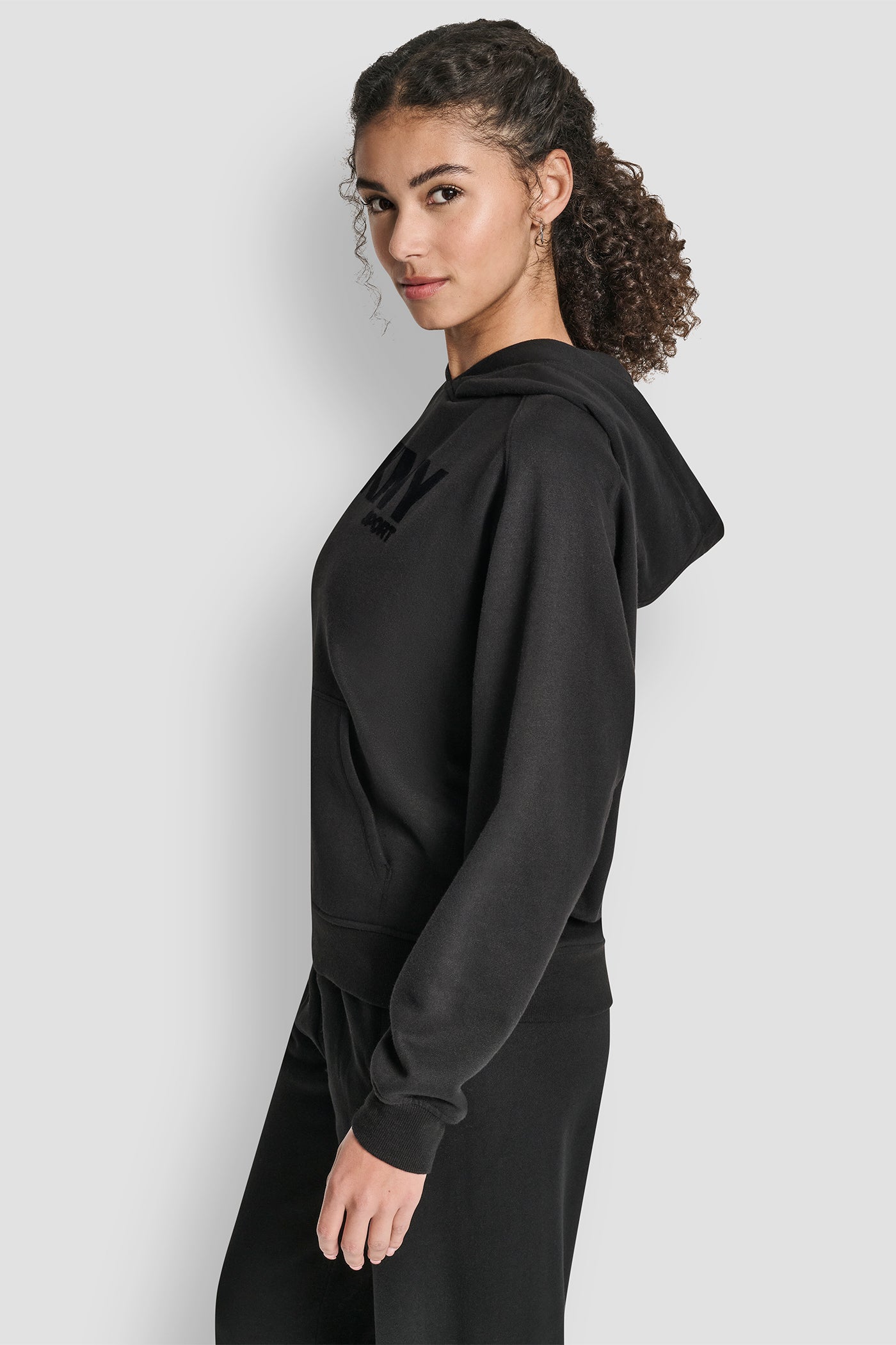 OVERSIZED FLOCKED LOGO PULLOVER HOODIE VIEW 3 | DKNY Sport