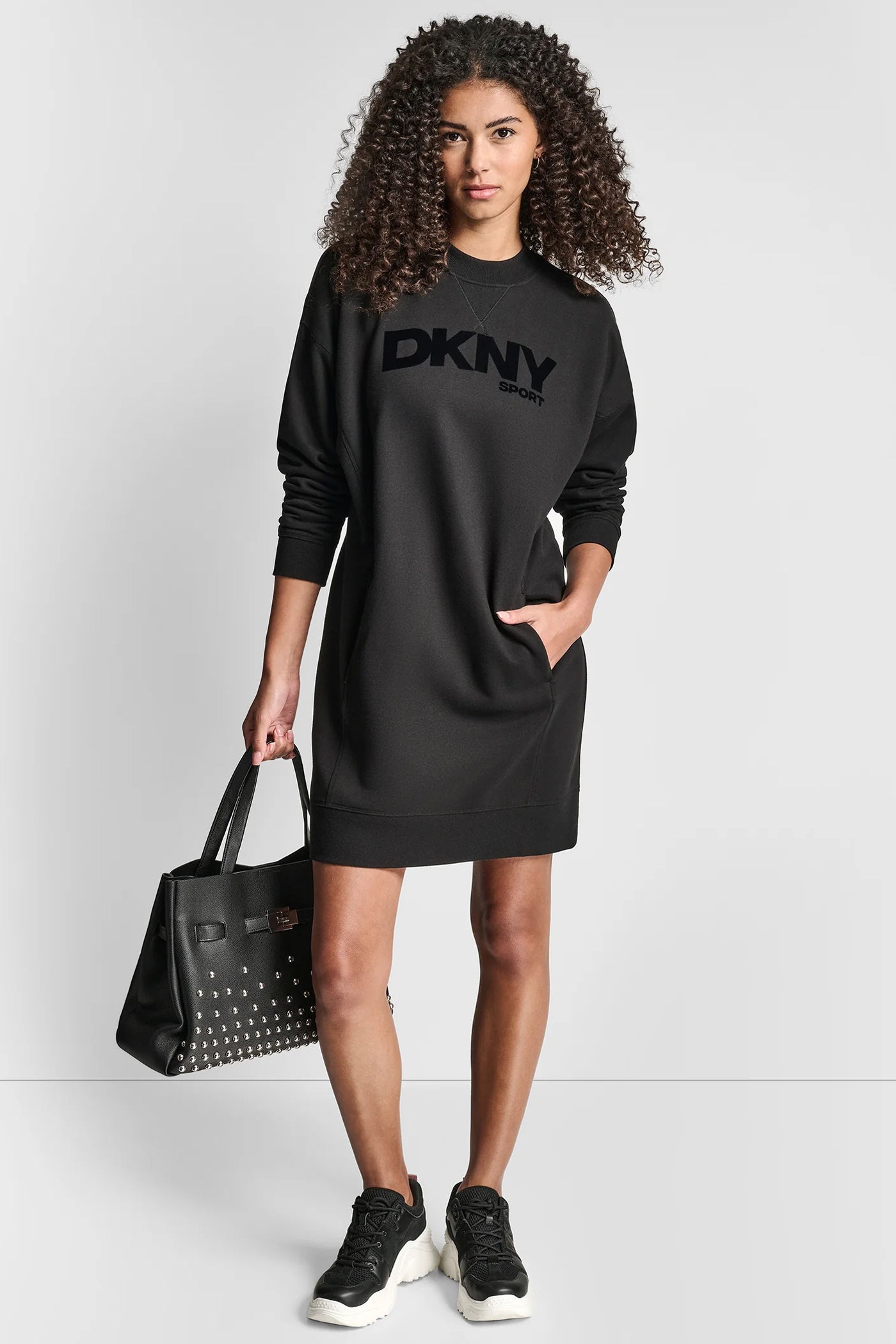 Black FLOCKED LOGO SHIFT SNEAKER DRESS, VIEW 1 | Dresses & Jumpsuits