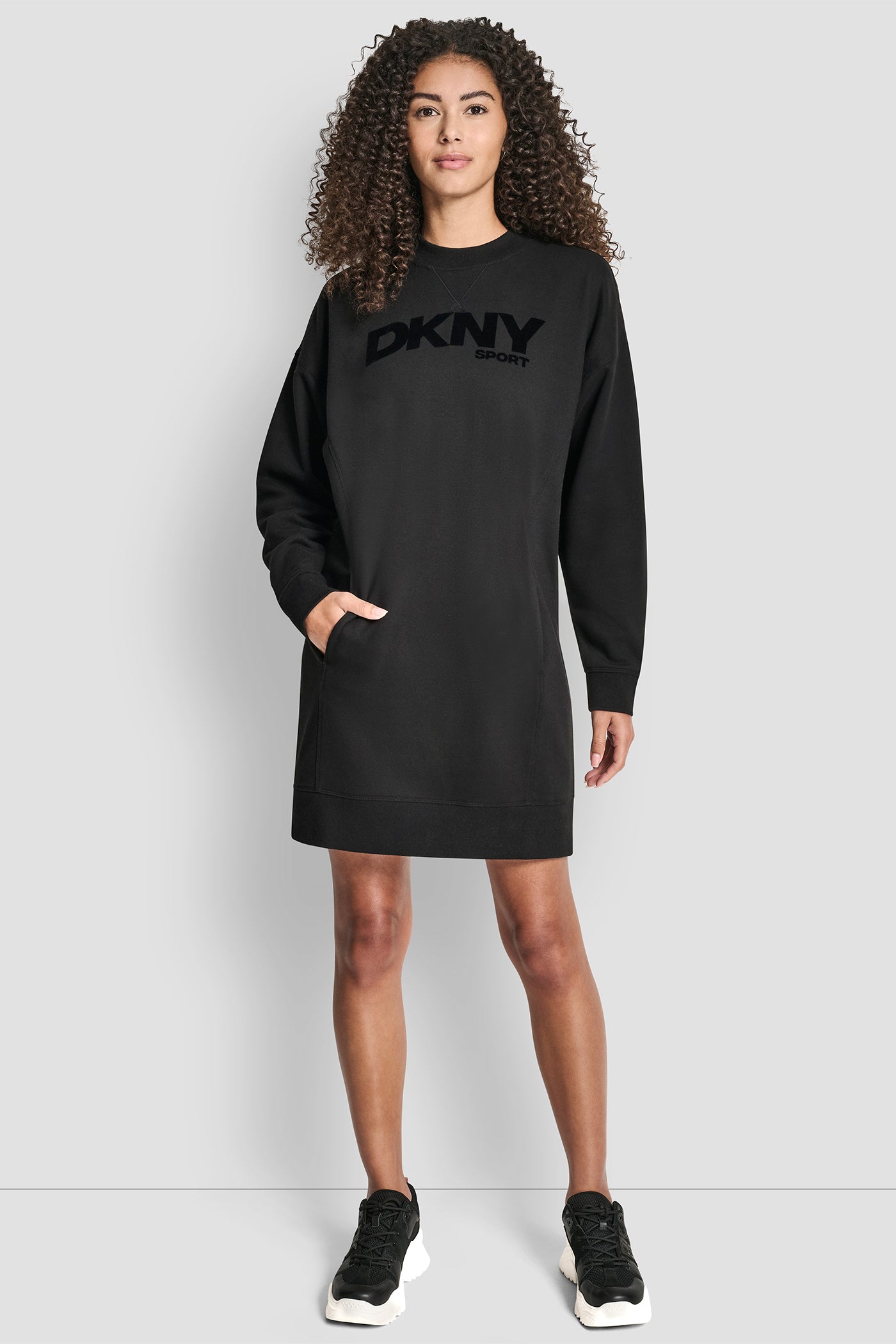 Black FLOCKED LOGO SHIFT SNEAKER DRESS, VIEW 1 | Dresses & Jumpsuits