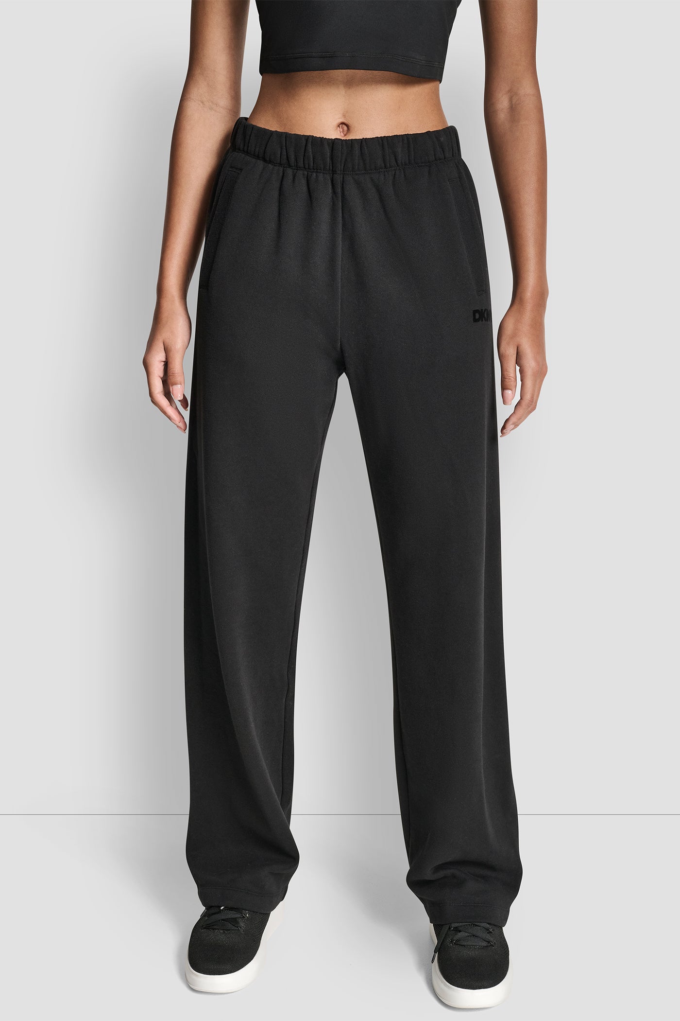 Black FLOCKED LOGO BOYFRIEND OPEN LEG PANT WITH POCKETS, FRONT VIEW | DKNY Sport