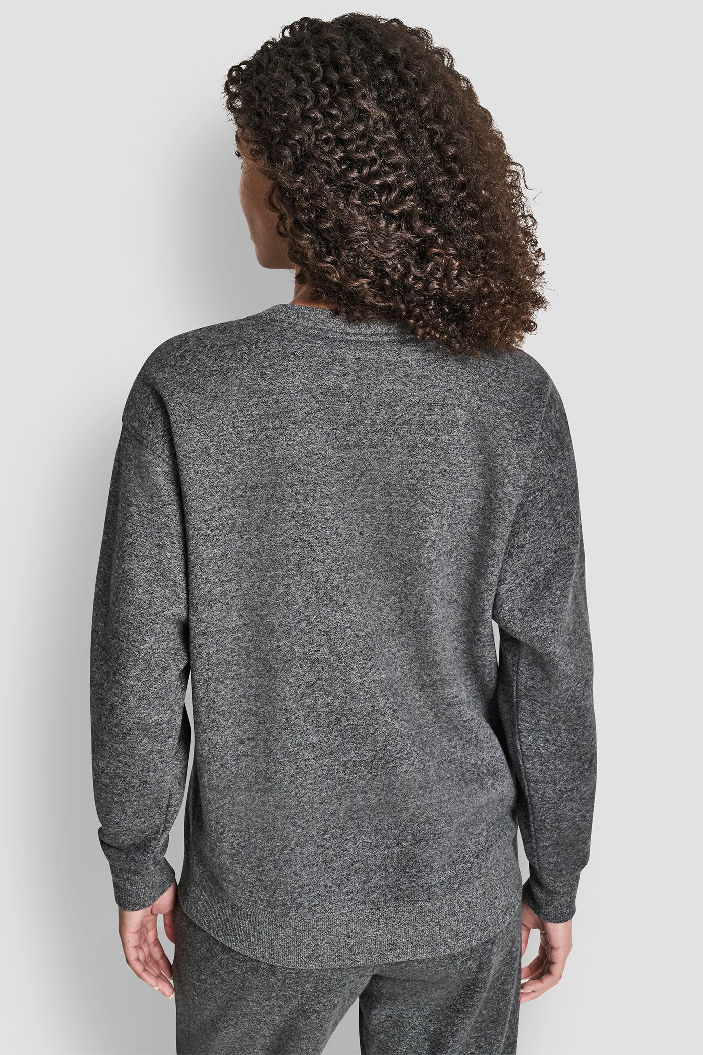 BLACK HEATHER/ GUNMETAL RHINESTONE LOGO NOLITA CREW NECK SWEATSHIRT, BACK VIEW | DKNY Sport