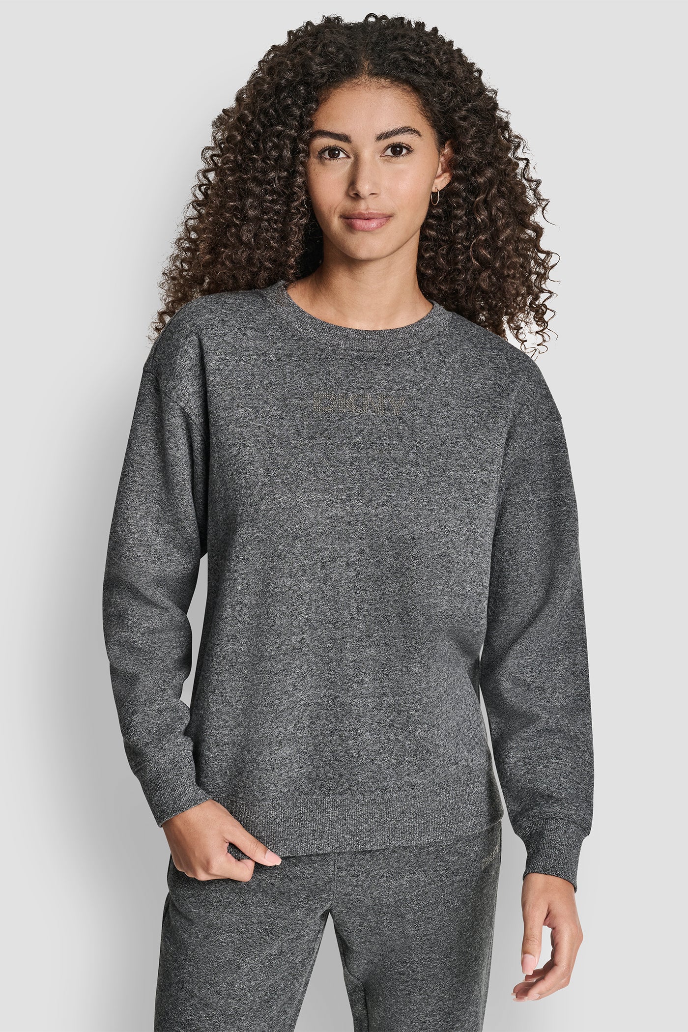 BLACK HEATHER/ GUNMETAL RHINESTONE LOGO NOLITA CREW NECK SWEATSHIRT, FRONT VIEW | DKNY Sport